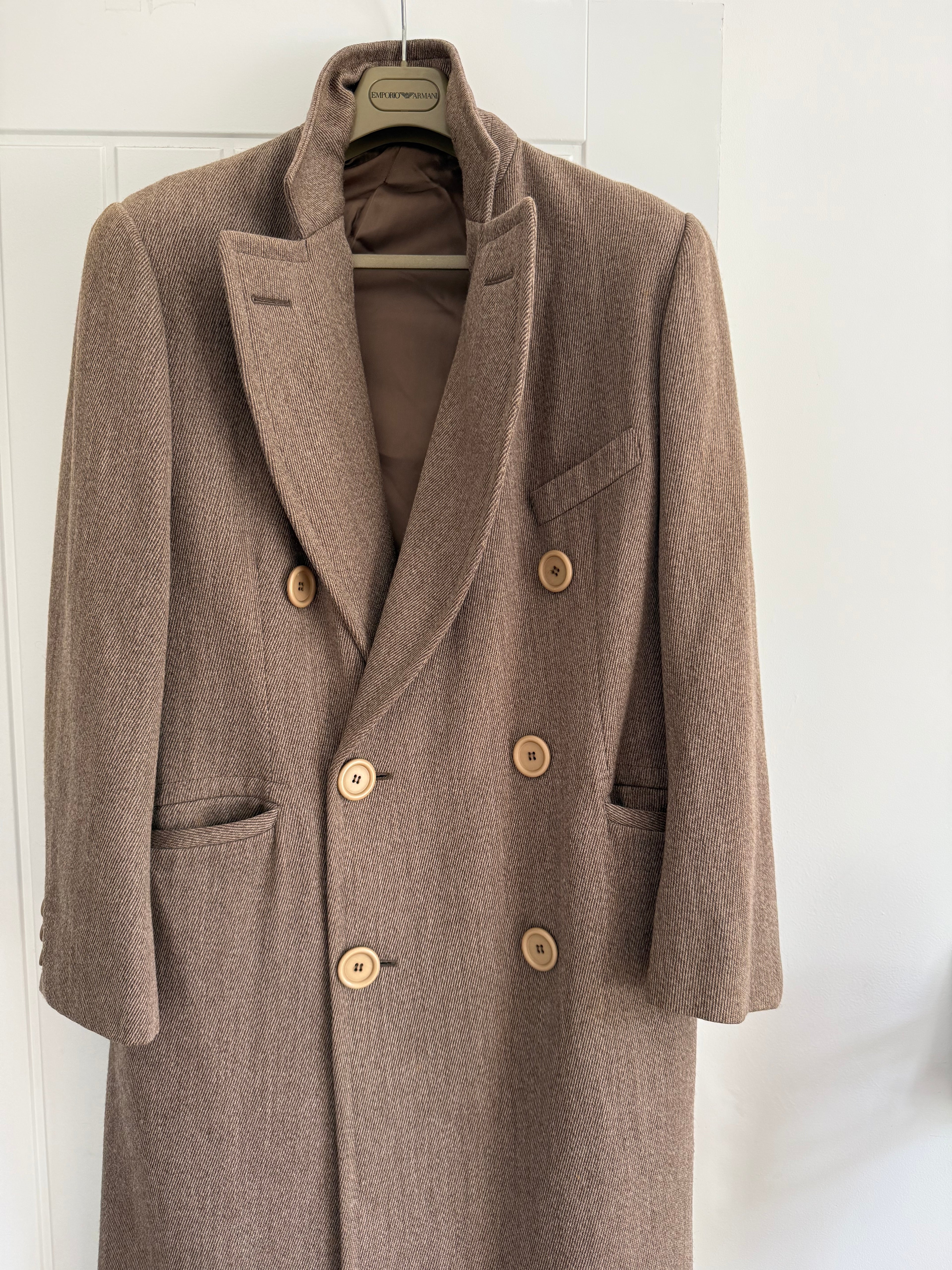 Emporio Armani 1995 Oversized Button Double Breasted Taupe Brown Wool Coat - Size M