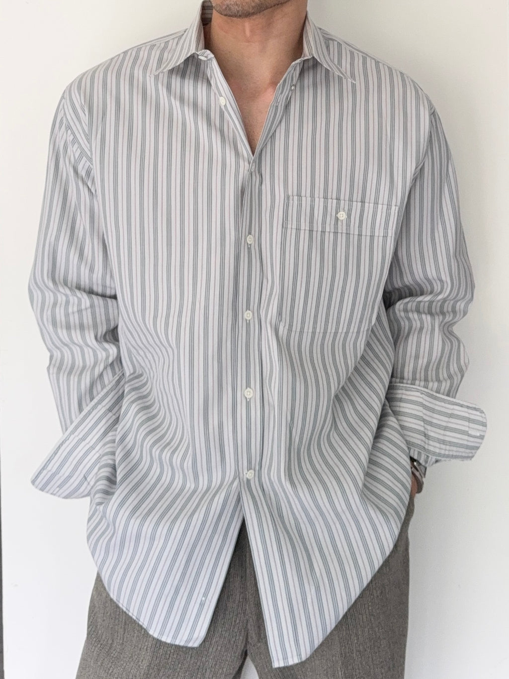 Giorgio Armani 1980s Snap Collar Chest Pocket Striped Cotton Shirt - Size XL