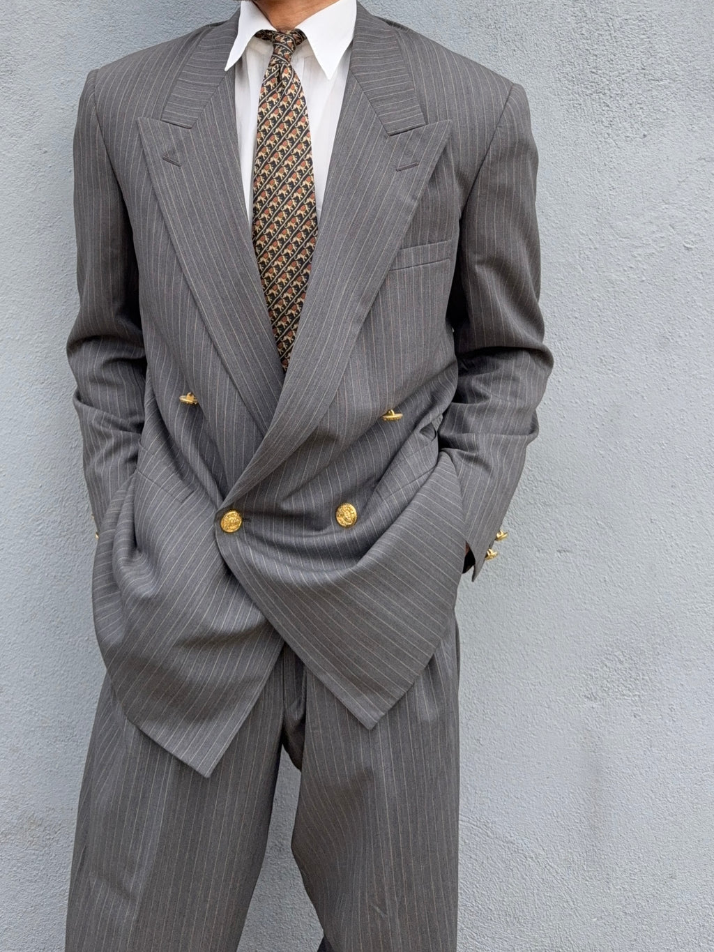 Versace 1980s Peaked Lapel Double Breasted Medusa Metal Button Triple Pleat Striped Wool Suit - Size S Jacket / 30" Waist