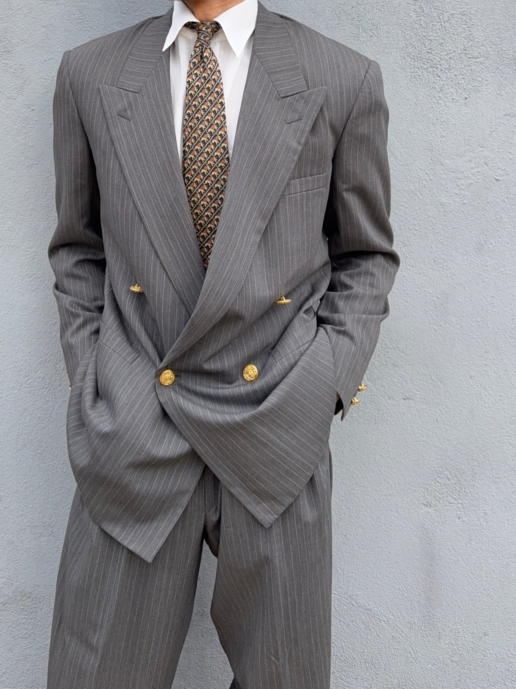 Versace 1980s Peaked Lapel Double Breasted Medusa Metal Button Triple Pleat Striped Wool Suit - Size S Jacket / 30" Waist