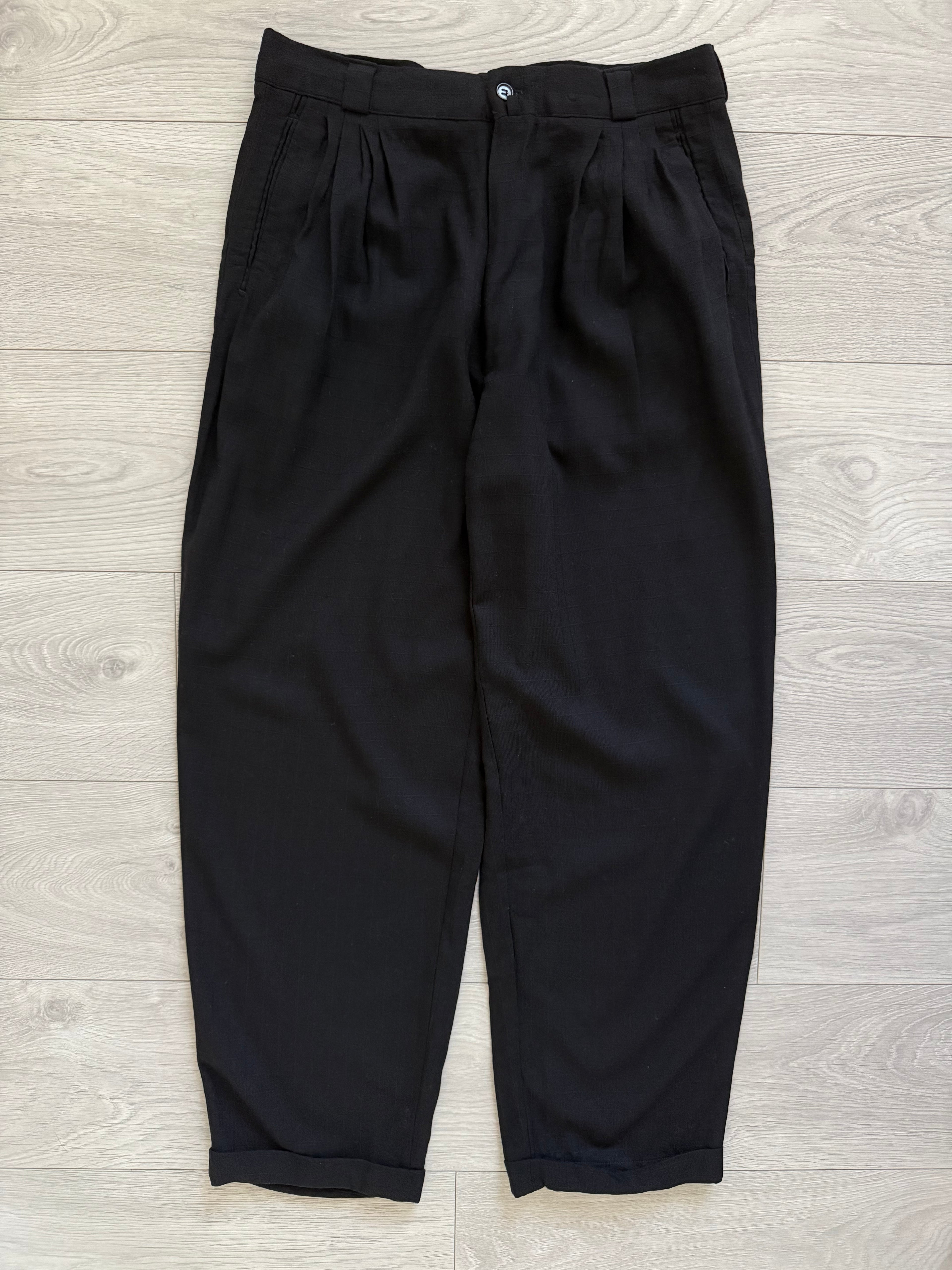Versace 1980s Notch Lapel Double Breasted Wool Pleated Black Textured Suit - Size M Jacket / 30" Waist