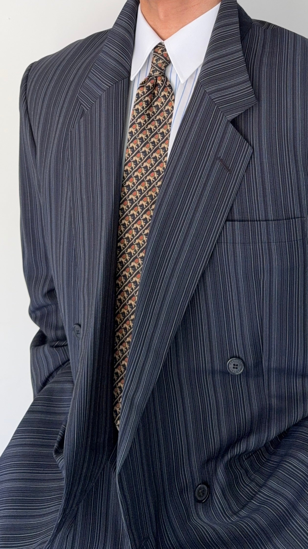 Versace 1980s Notch Lapel Double Breasted Wool Mohair Pleated Striped Suit - Size XXL Jacket / 38" Waist