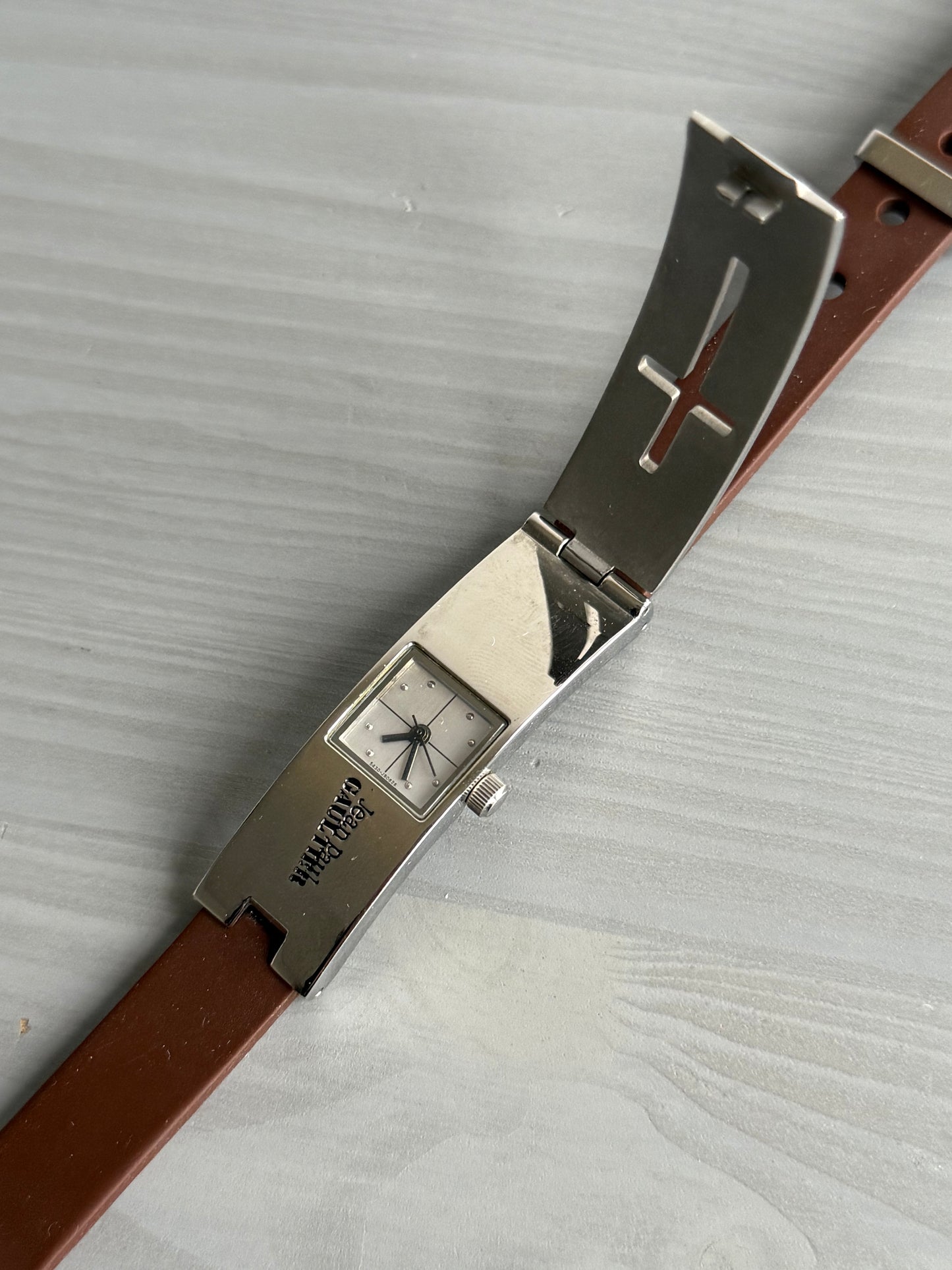 Jean Paul Gaultier Laser-Cut Cross Motif Stainless Steel Concealed Watch Bracelet