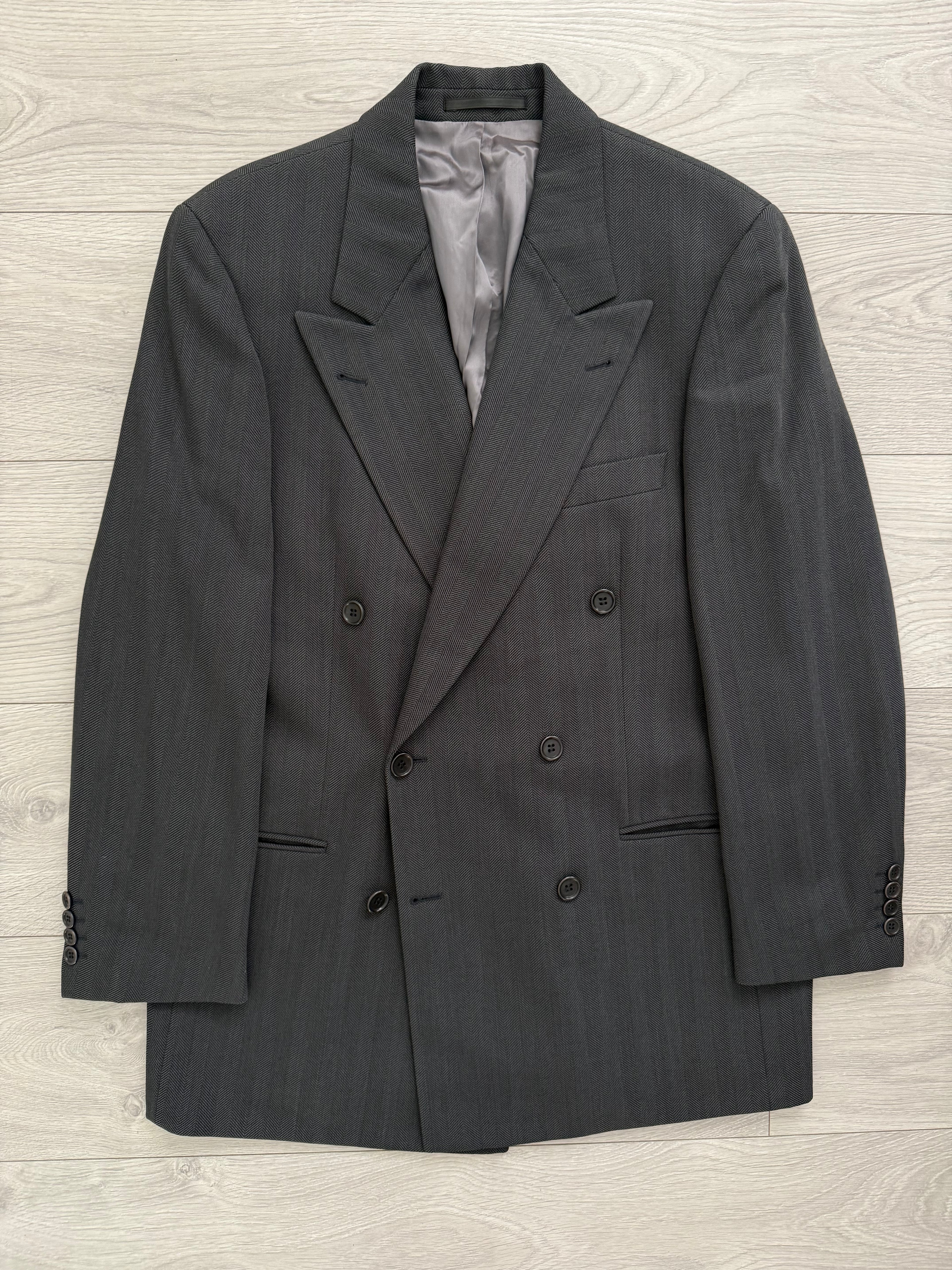 Hugo Boss 1980s 'Omega' Peaked Lapel Double Breasted Pleated Wool Herringbone Suit Grey - Size M Jacket / 32" Waist