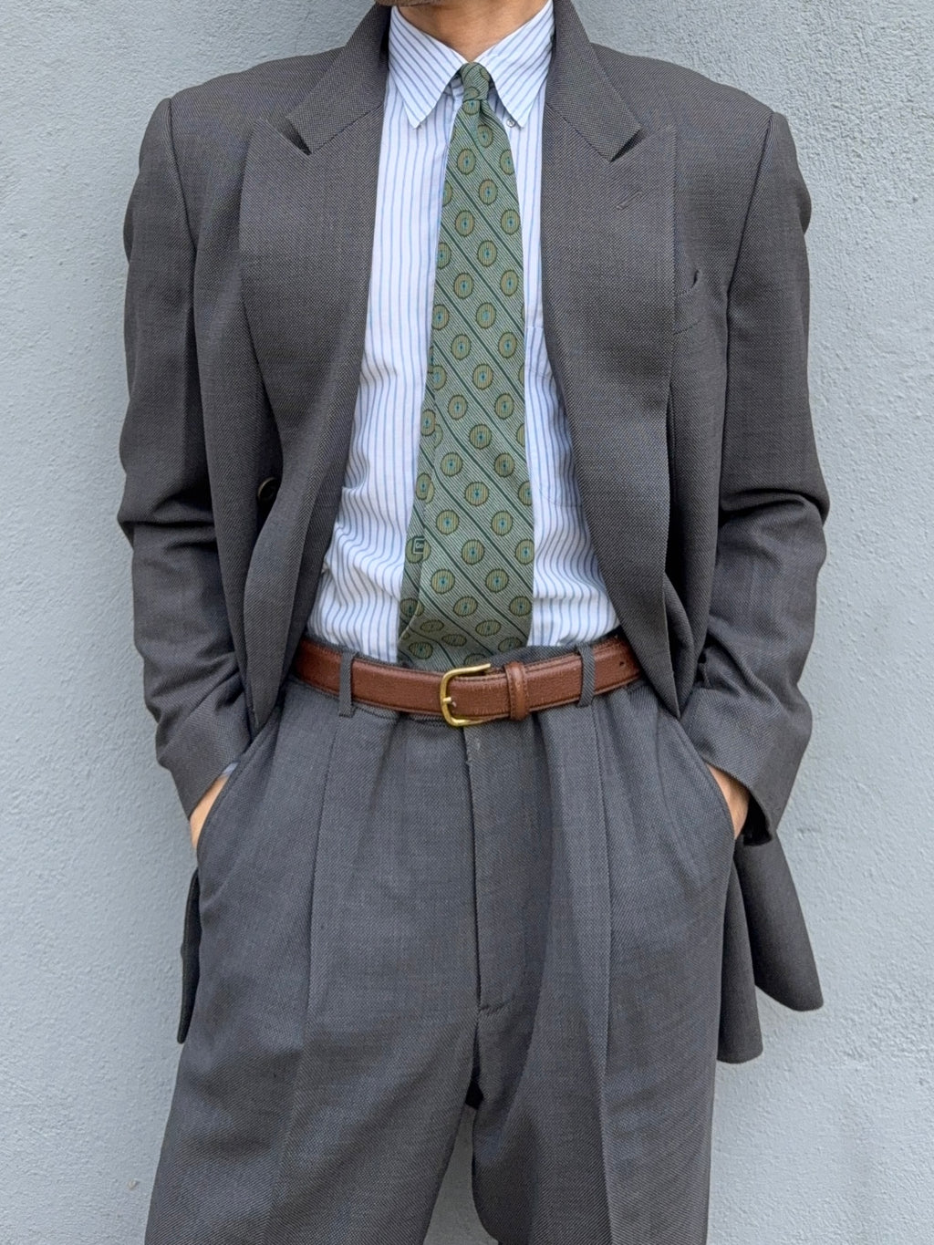 Armani 1990s Peaked Lapel Double Breasted Pleated Wool Grey Suit - Size L Jacket / 34" Waist