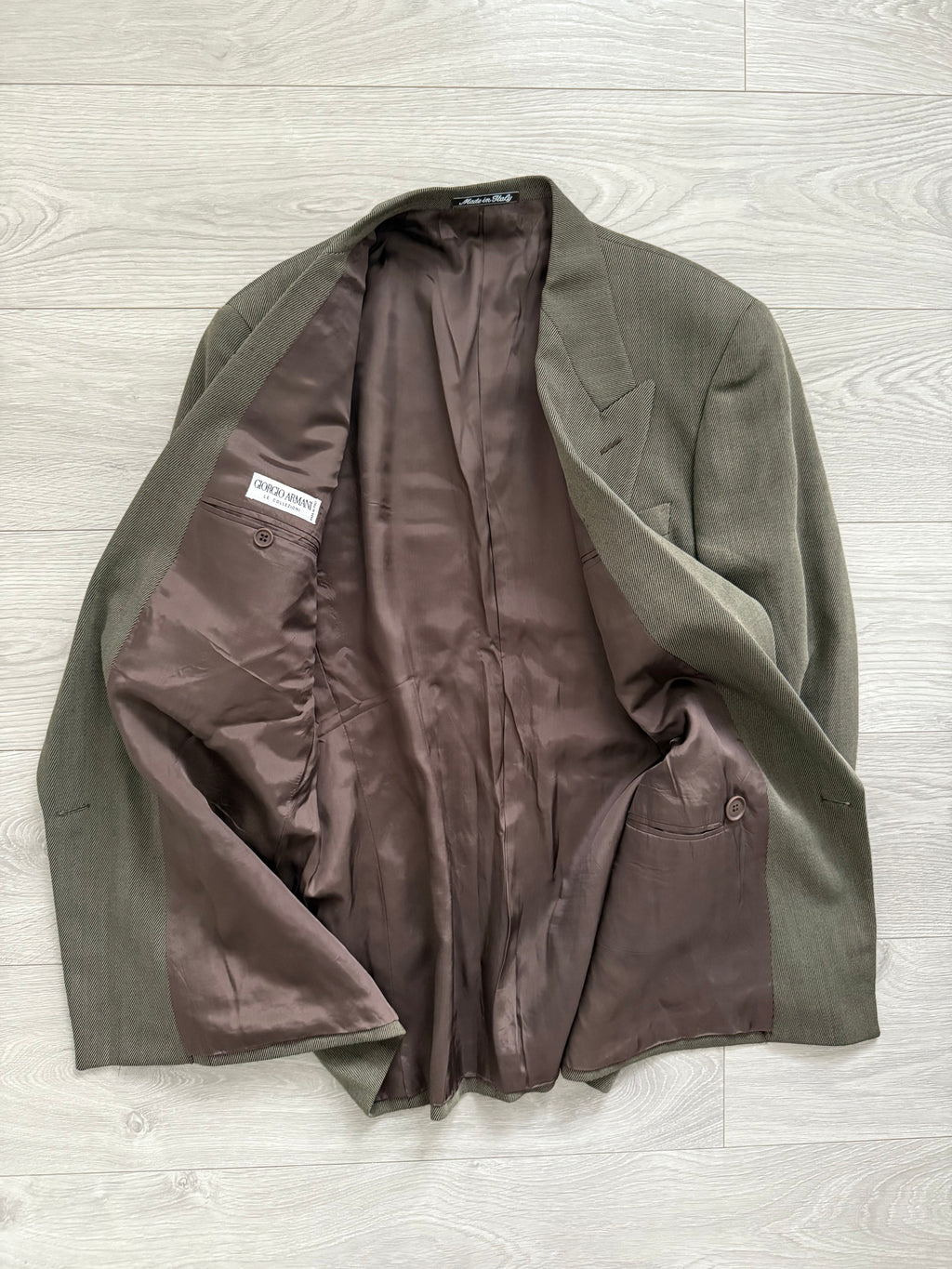 Giorgio Armani 1980s Double Breasted Pleated Wool Suit Olive Taupe New - Size L Jacket / 32" Waist