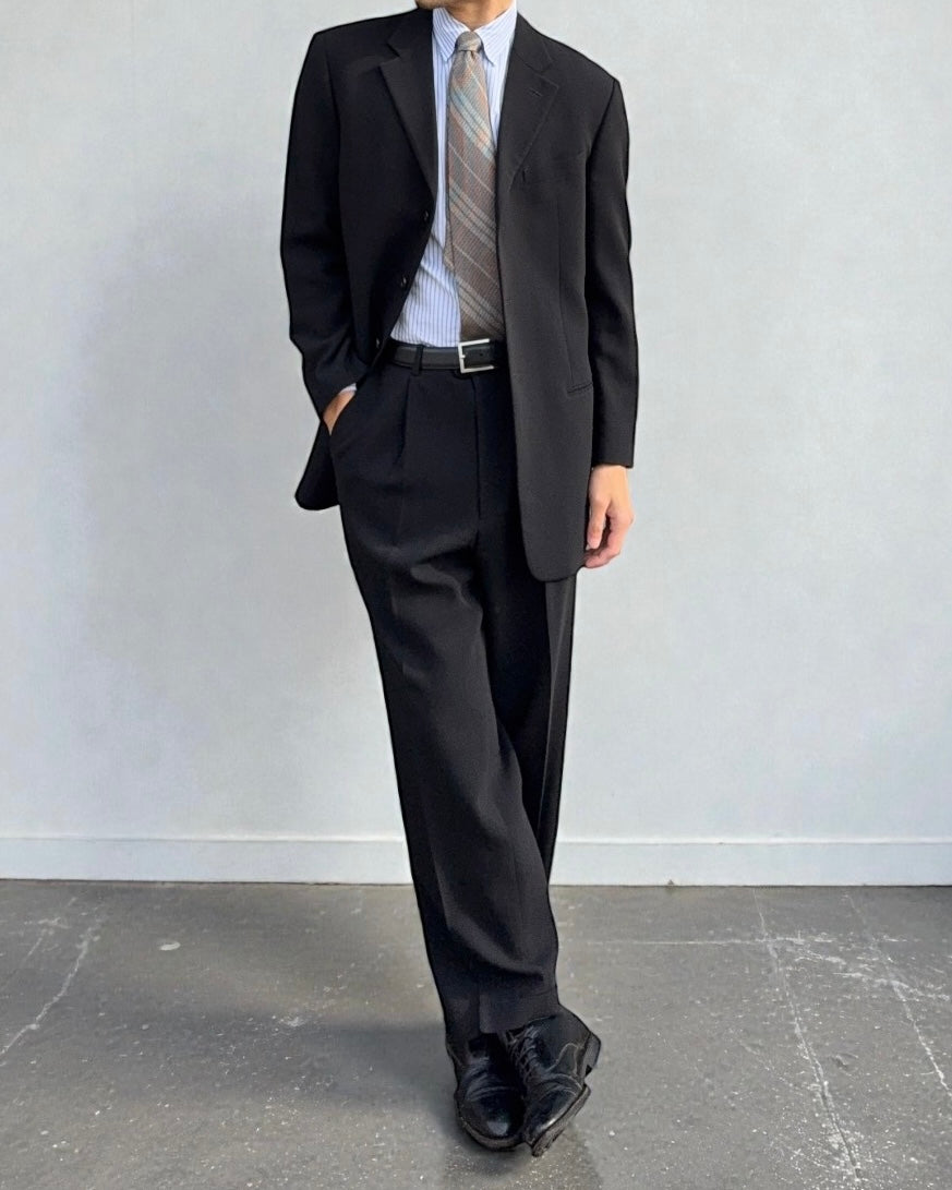 Armani 1990s 3B Black Pleated Wool Suit - Size L Jacket / 33" Waist