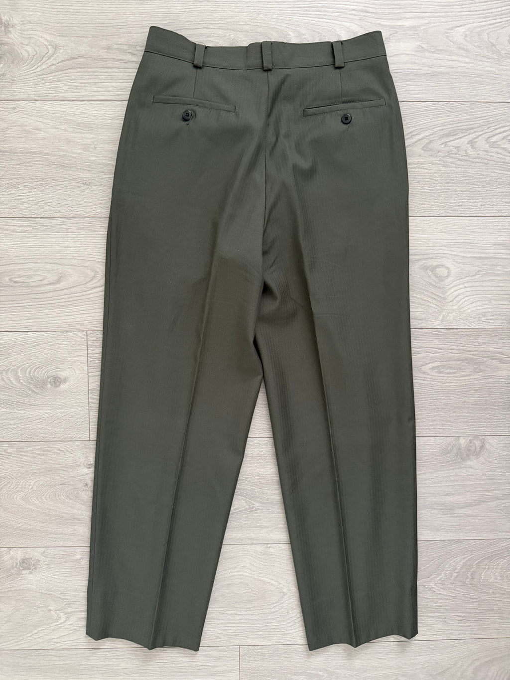 Versace 1980s Peak Lapel Double Breasted Pleated Draped Wool Green Suit - Size M Jacket / 31" Waist