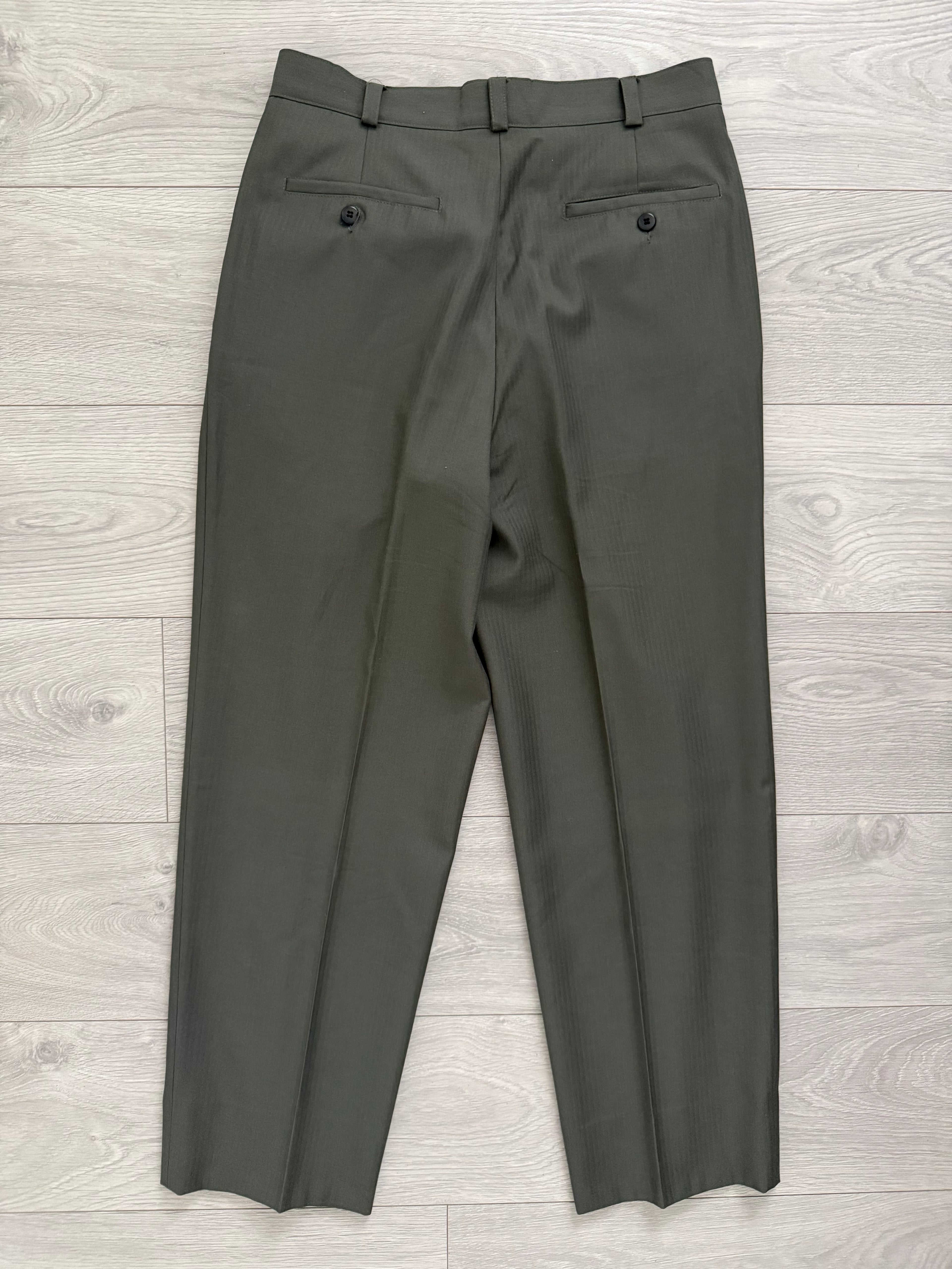 Versace 1980s Peak Lapel Double Breasted Pleated Draped Wool Green Suit - Size M Jacket / 31" Waist
