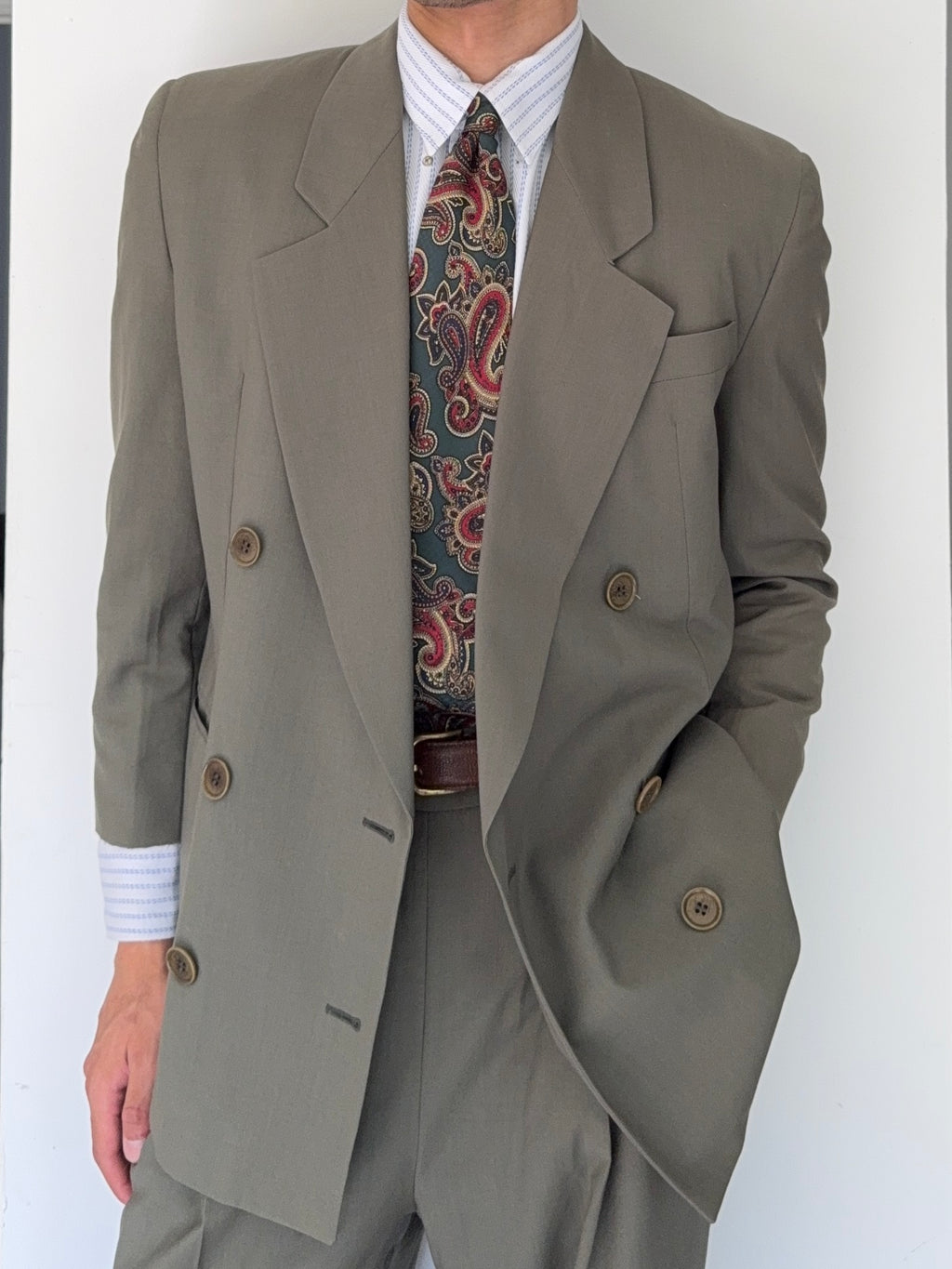 Basile 1980s Peaked Lapel Double Breasted Draped Wool Suit - Size S Jacket / 28" Waist