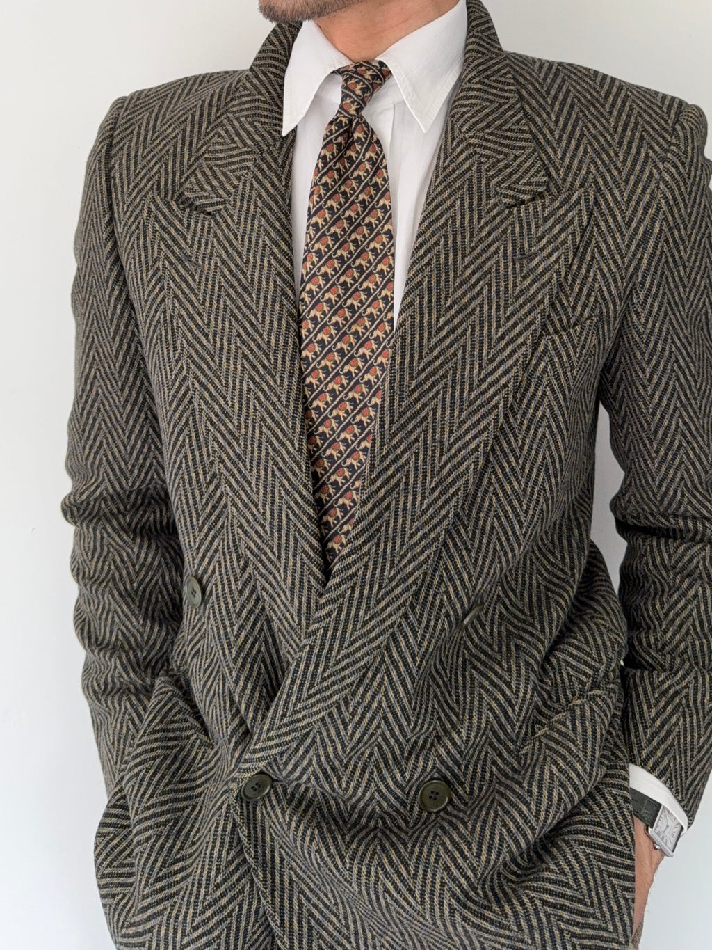Hilton Armani 1980s Peaked Lapel Double Breasted Herringbone Sports Jacket Blazer - Size S