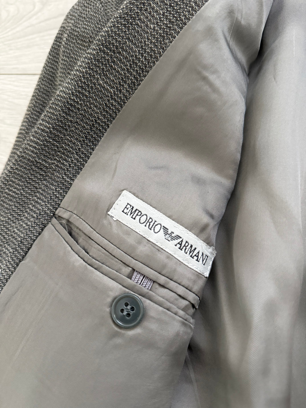 Emporio Armani 1980s Peaked Lapel Double Breasted Textured Wool Pleated Suit - Size S Jacket / 28" Waist