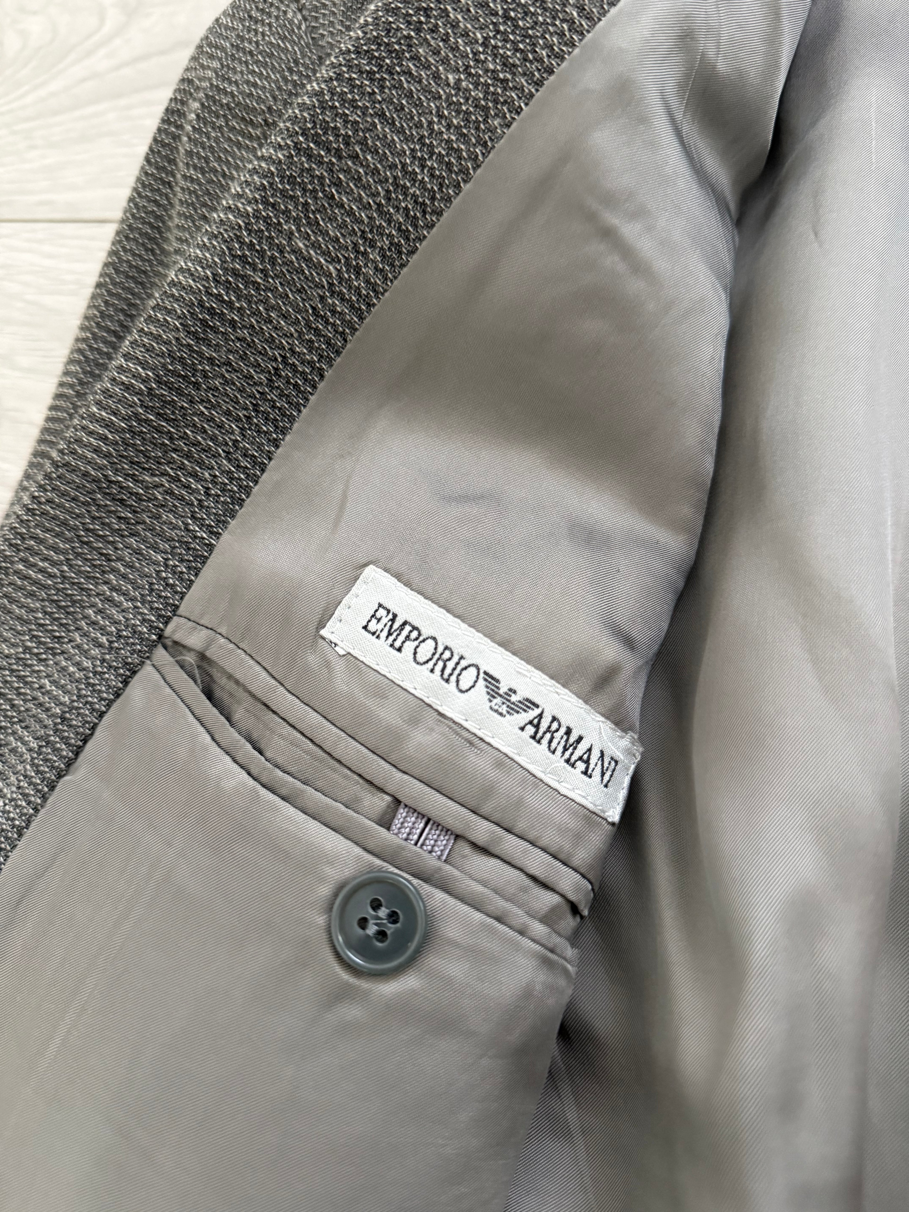 Emporio Armani 1980s Peaked Lapel Double Breasted Textured Wool Pleated Suit - Size S Jacket / 28" Waist