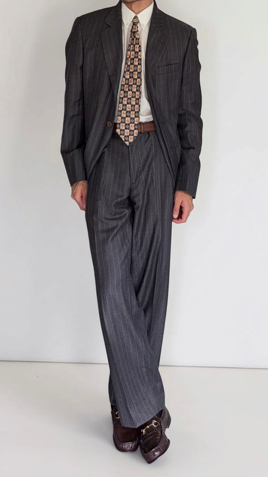 Giorgio Armani Black Label 1990s Cashmere 3B Pleated Striped Suit Grey - Size XL Jacket / 36" Waist