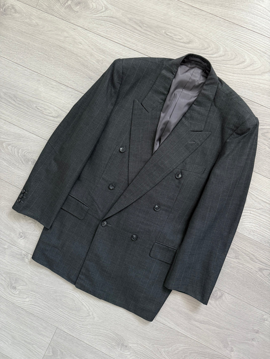 Yves Saint Laurent 1990s Double-Breasted Pleated Striped Grey Wool Suit - Size L Jacket / 32" Waist