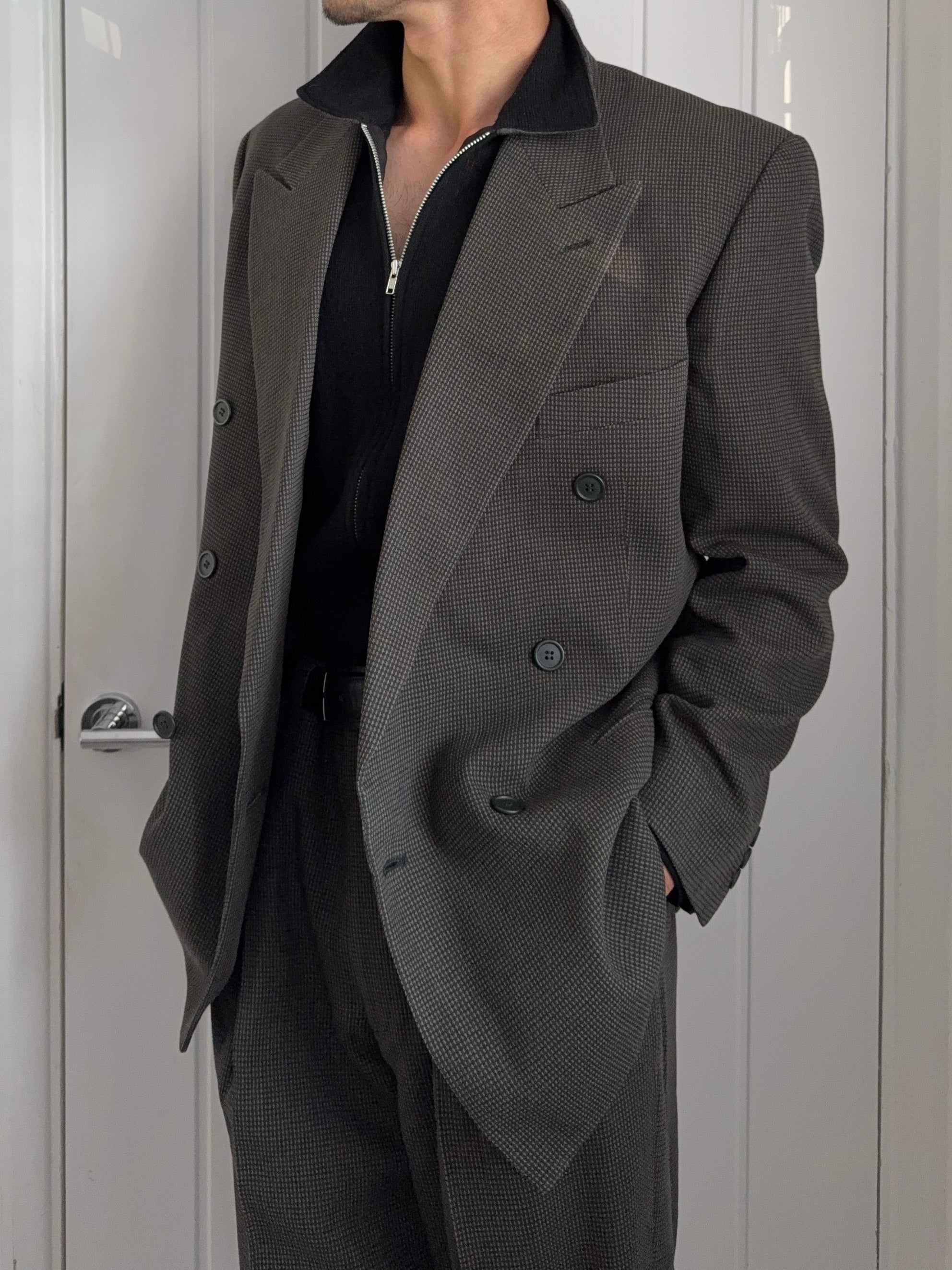 Giorgio Armani 1980s Double-Breasted Pleated Textured Wool Suit - Size L Jacket / 34" Waist