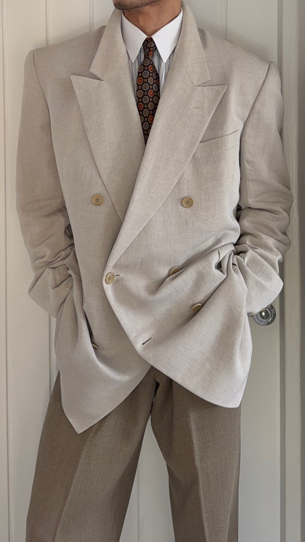 Giorgio Armani Black Label 1994 Peaked Lapel Double Breasted Rayon Linen Sport Jacket Blazer Mushroom Taupe - Size XXL