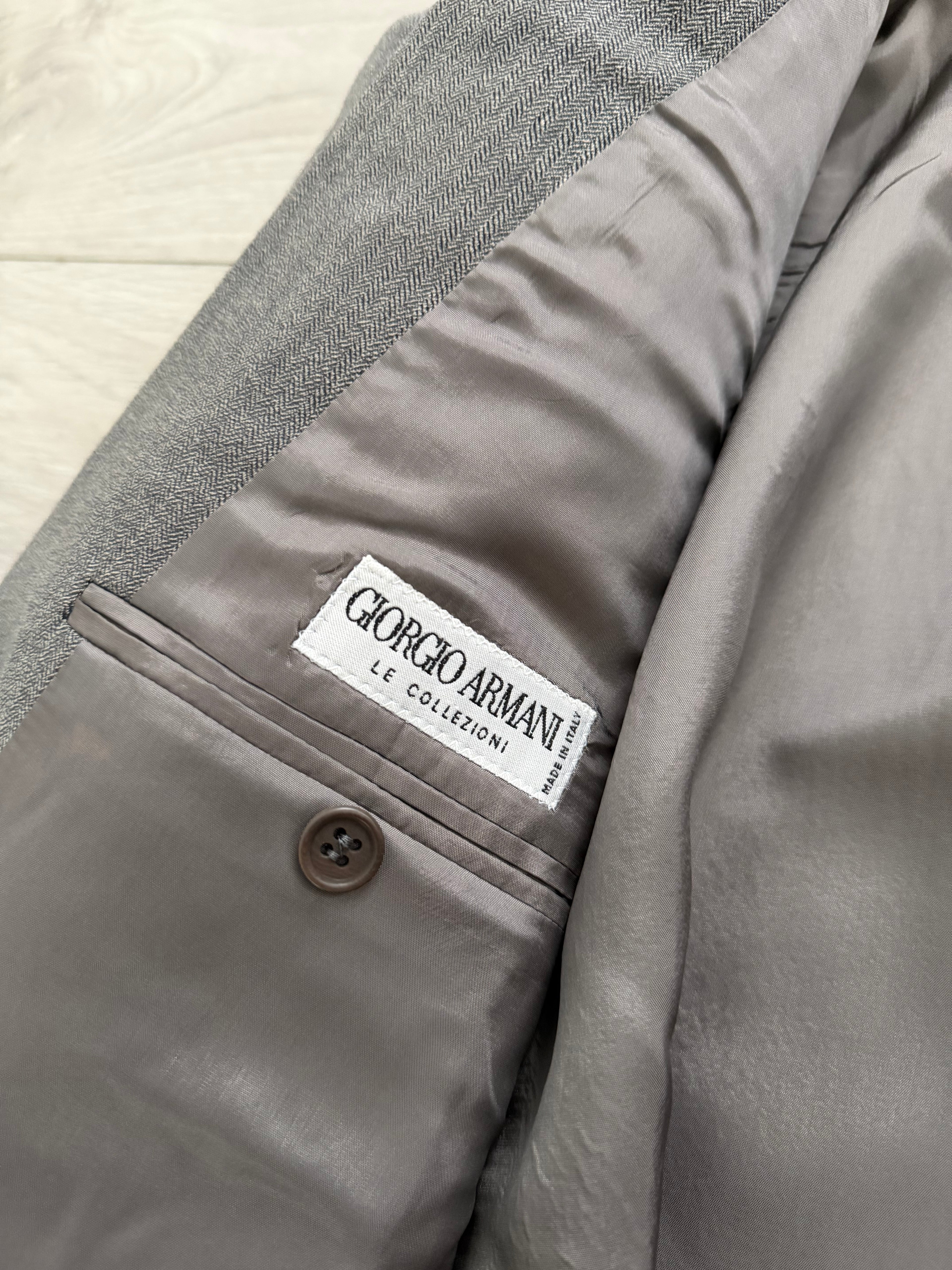 Giorgio Armani 1980s Peaked Lapel Double Breasted Herringbone Wool Grey Suit - Size M Jacket / 32" Waist