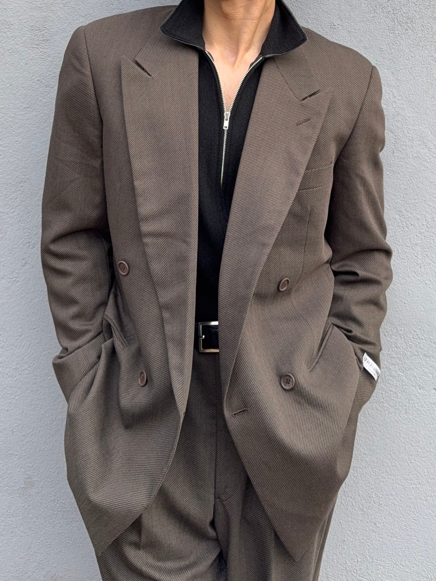 Giorgio Armani 1980s Double Breasted Pleated Wool Suit Brown New - Size L Jacket / 32" Waist