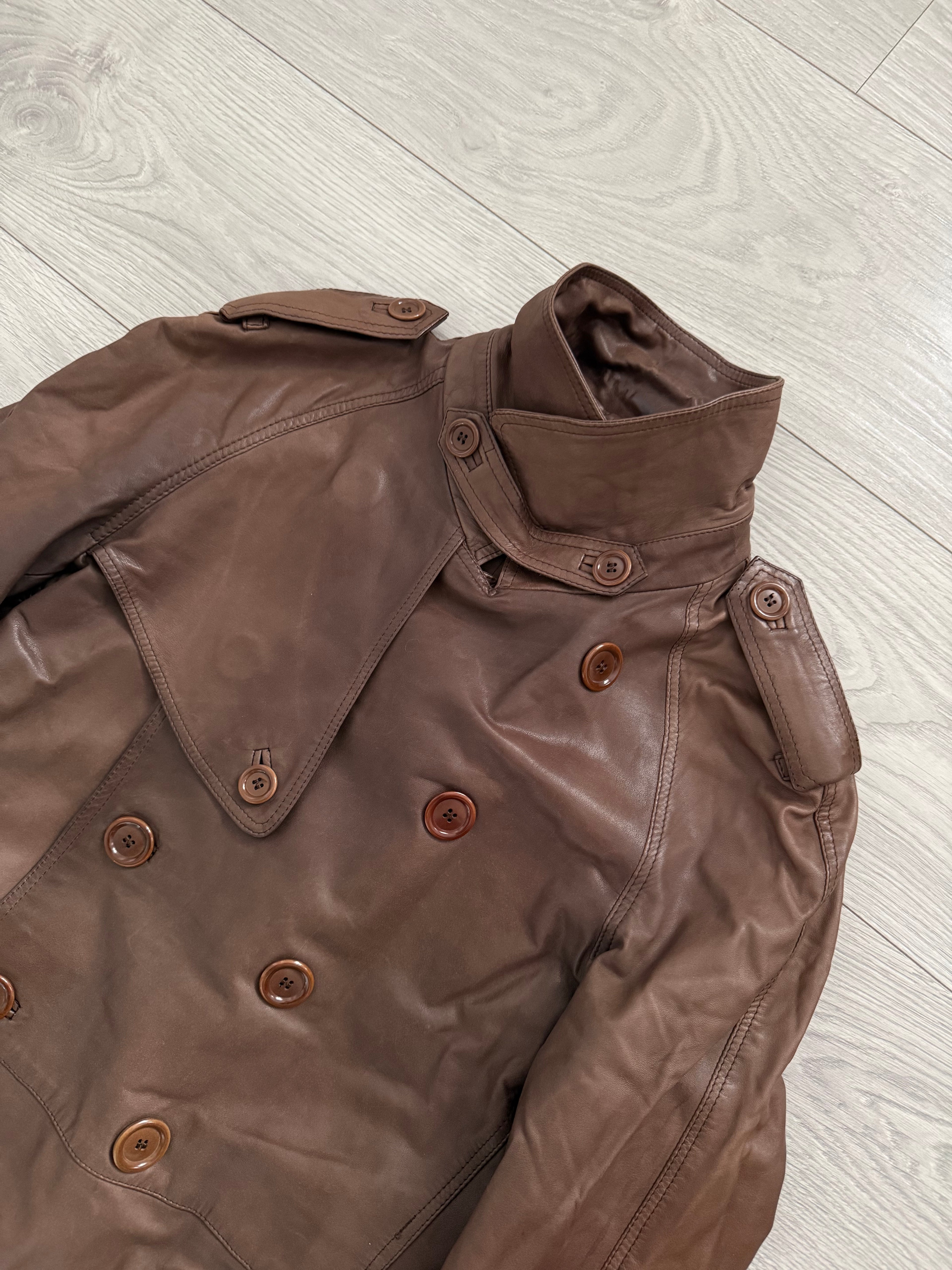 Sicons Armani 1980s Leather Military Trench Coat - Size S