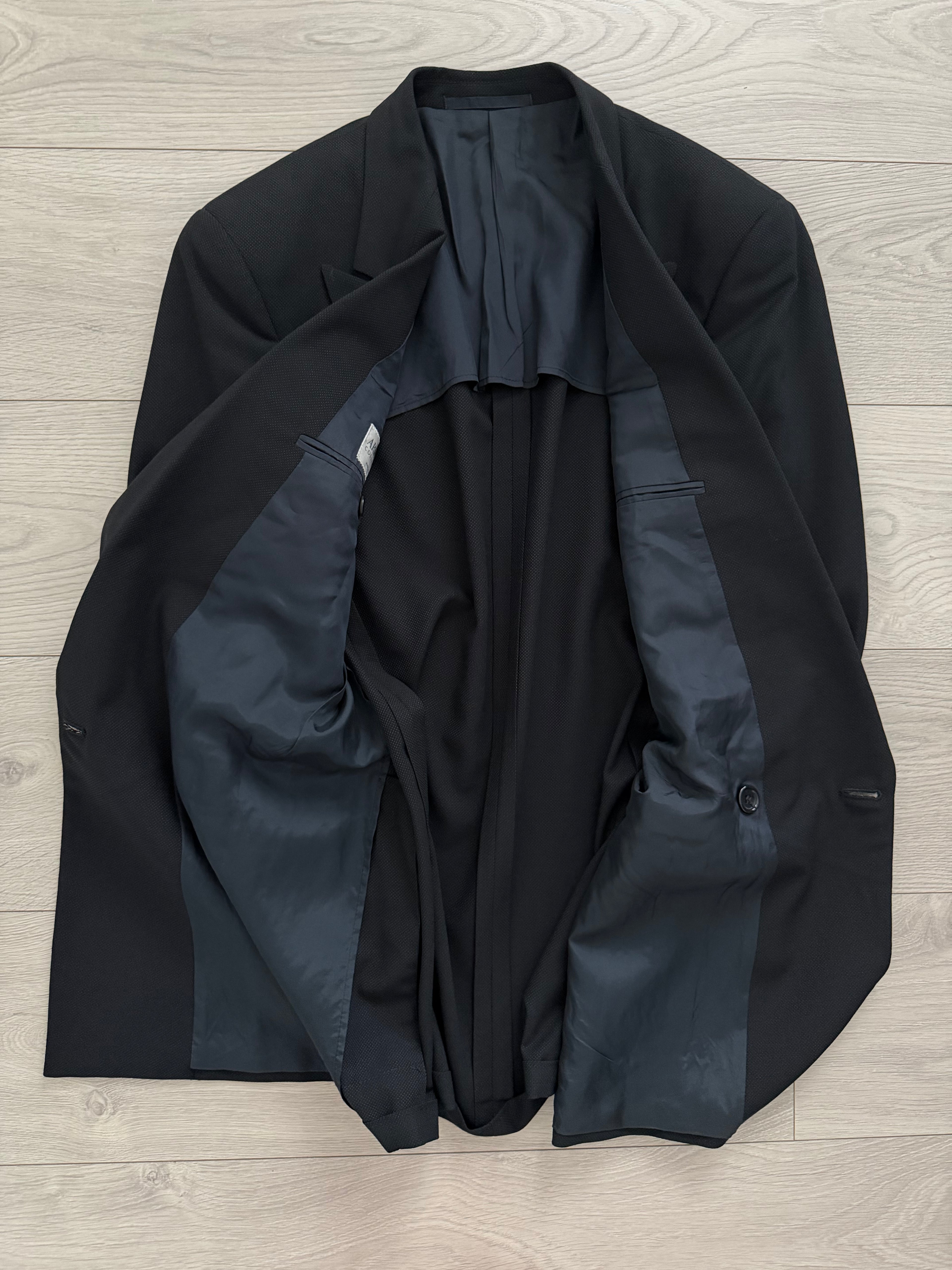 Armani 1990s Peaked Lapel Double Breasted Pleated Textured Wool Suit Black - Size S Jacket / 30" Waist