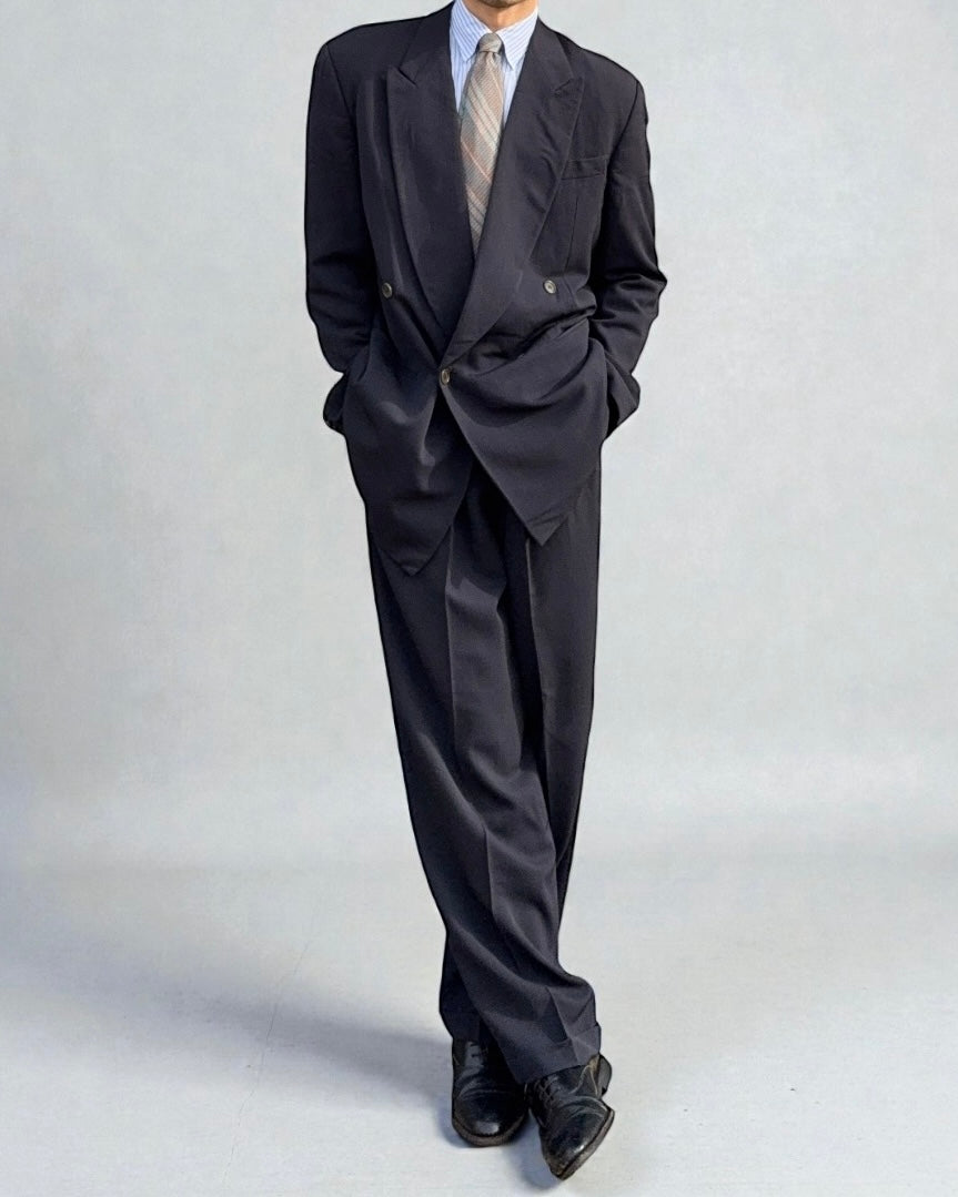 Giorgio Armani 1990s Double Breasted Pleated Navy Wool Suit  - Size L Jacket / 33" Waist