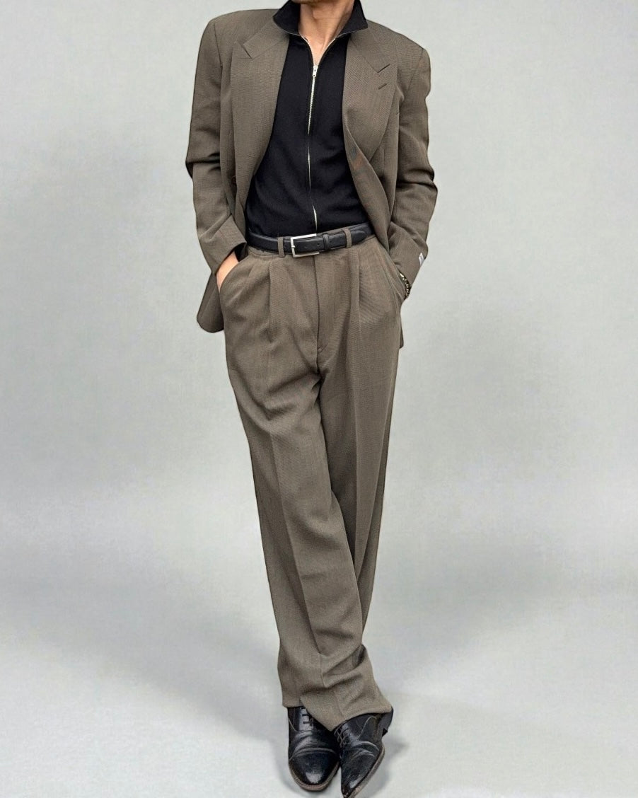 Giorgio Armani 1980s Double Breasted Pleated Wool Suit Olive Taupe New - Size L Jacket / 32" Waist