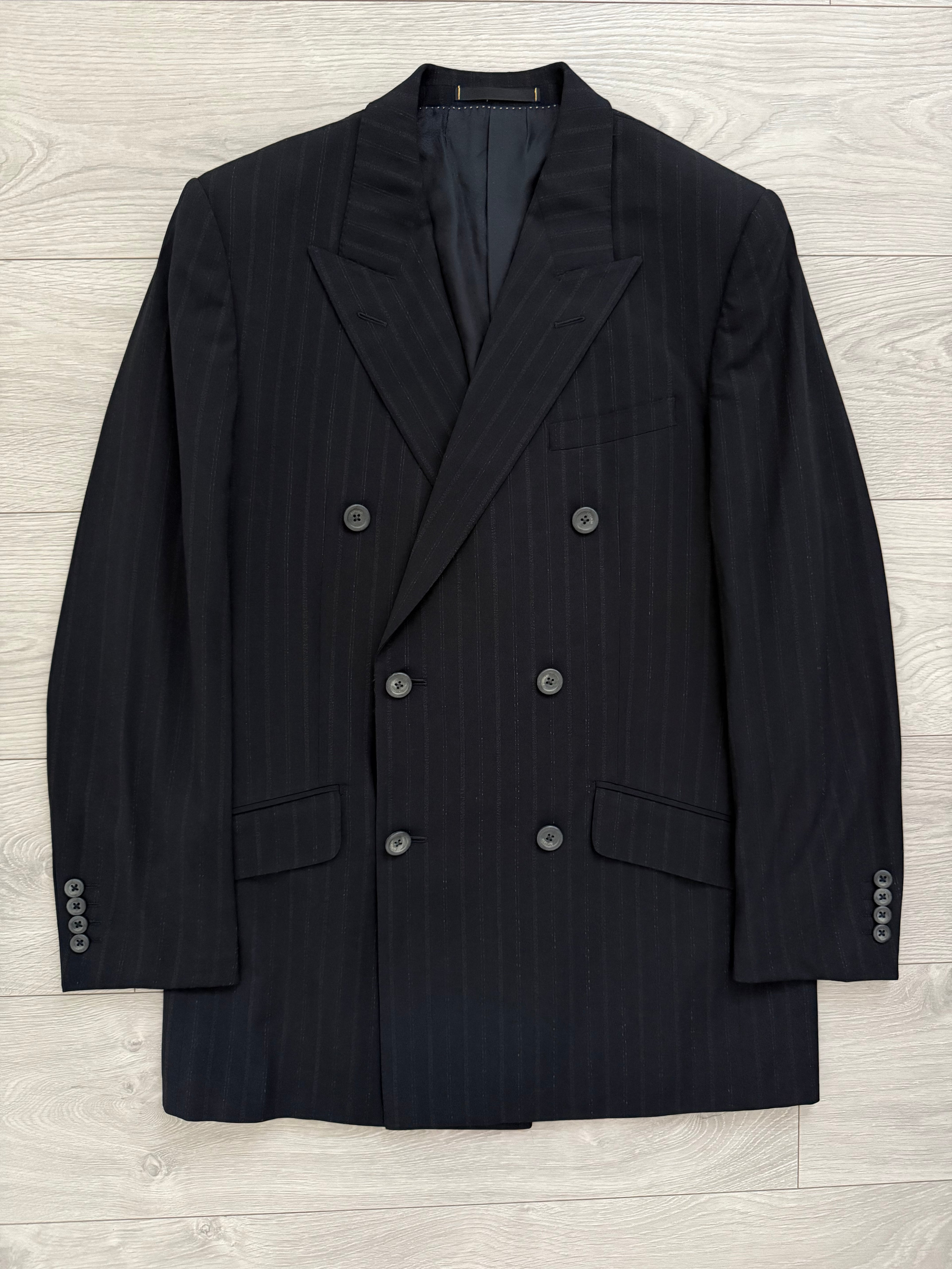 Versace 1980s 6B Peaked Lapel Double Breasted Pleated Wool Striped Suit - Size S Jacket / 33" Waist