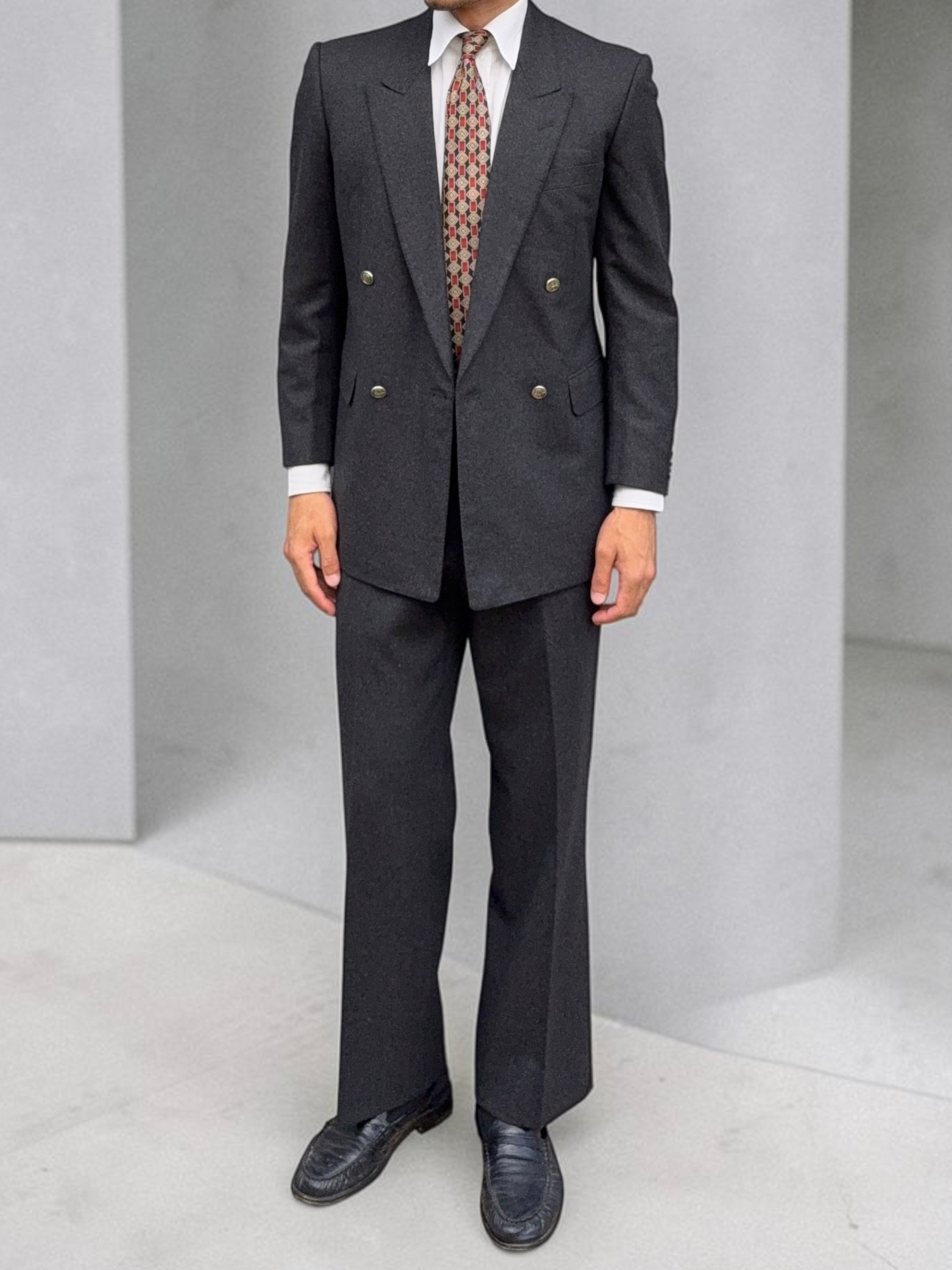Christian Dior 1980s Peaked Lapel Double Breasted Metal Button Wool Suit - Size S Jacket / 29" Waist