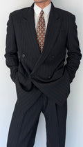 Armani 1990s Peaked Lapel Double Breasted Pinstripe Textured Wool Suit - Size M Jacket / 31" Waist