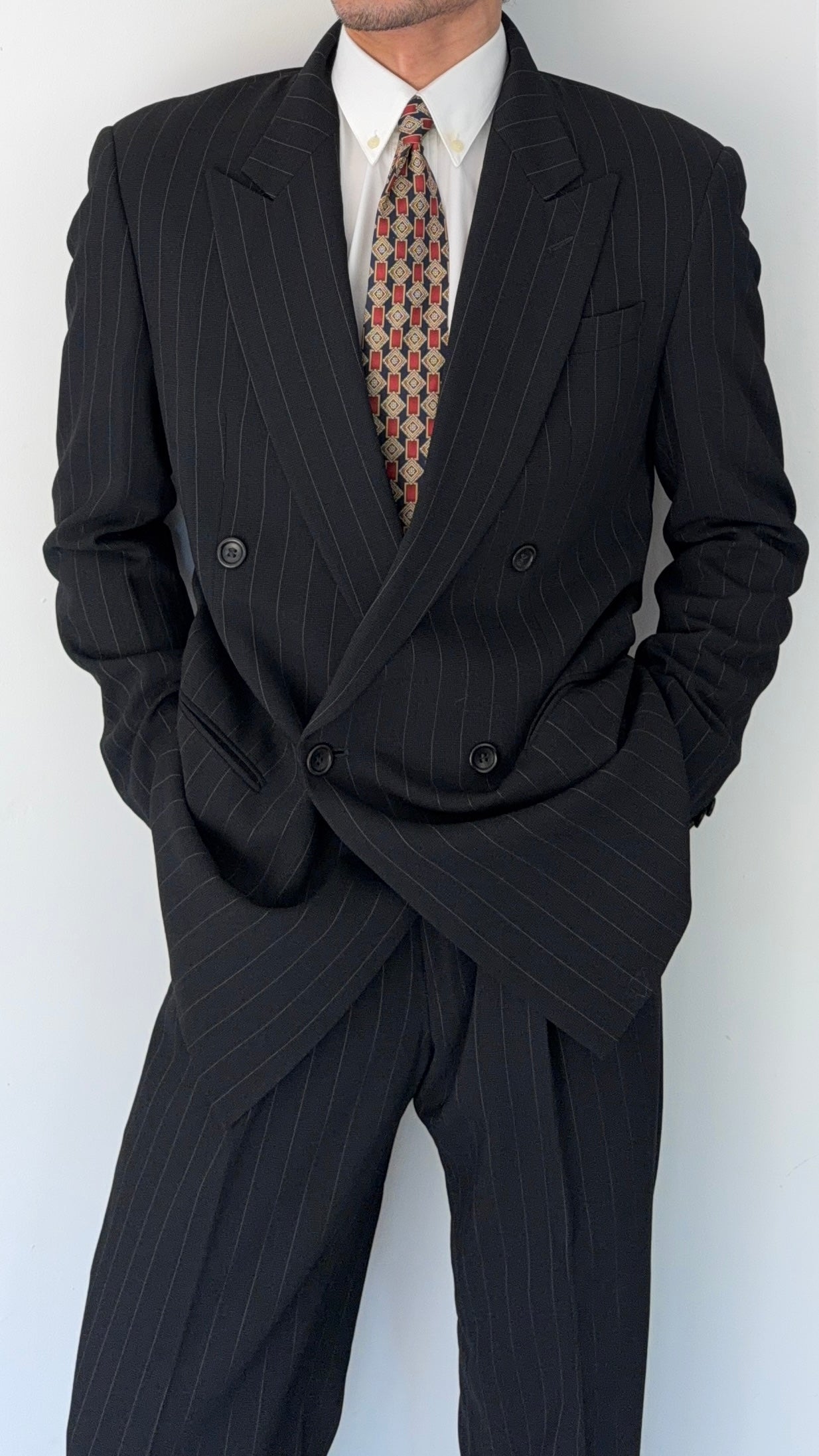 Armani 1990s Peaked Lapel Double Breasted Pinstripe Textured Wool Suit - Size M Jacket / 31" Waist