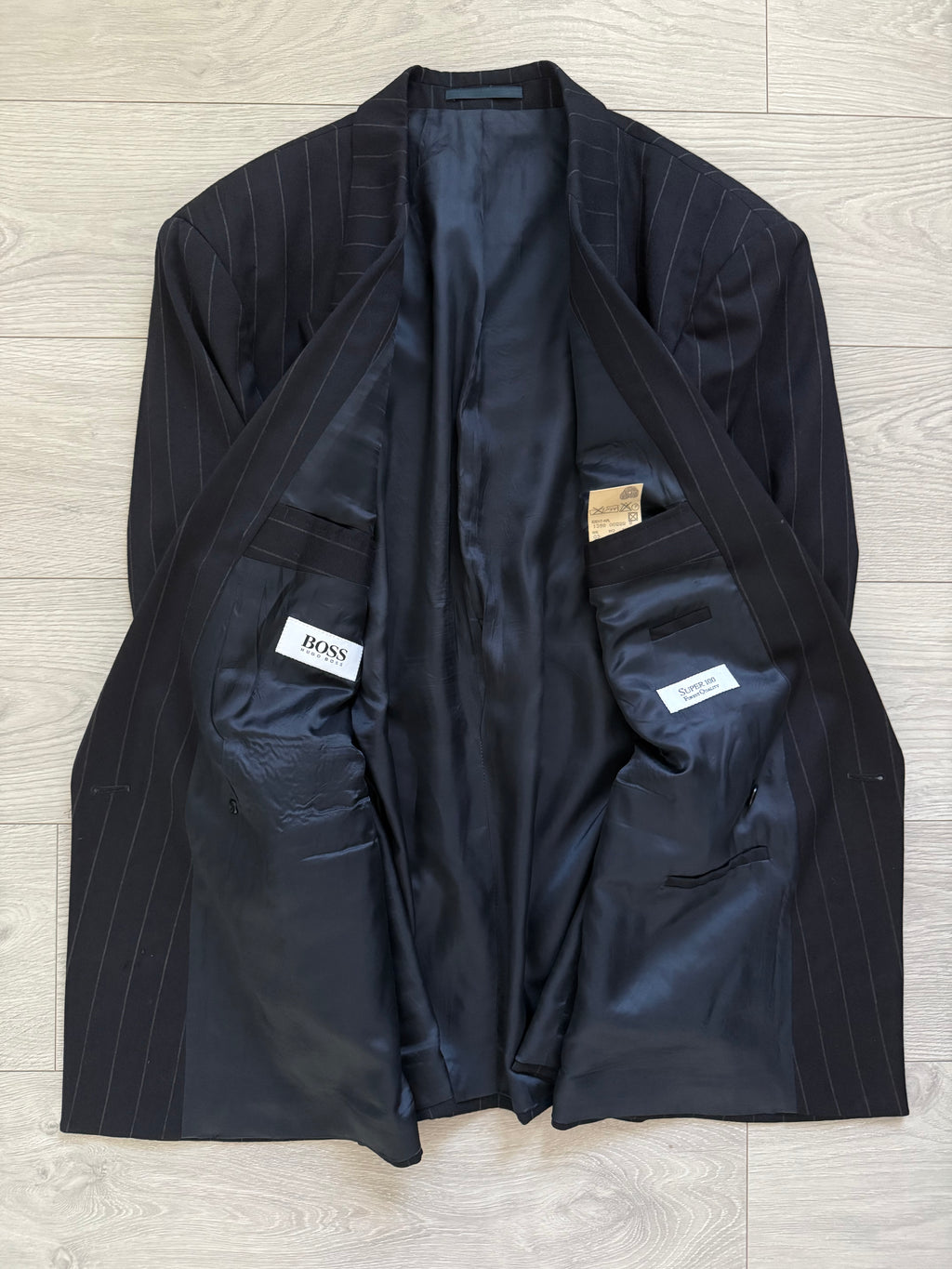 Hugo Boss 1980s 'Al Capone' Peak Lapel Double Breasted Pleated Striped Navy Suit - Size XXL Jacket / 36" Waist