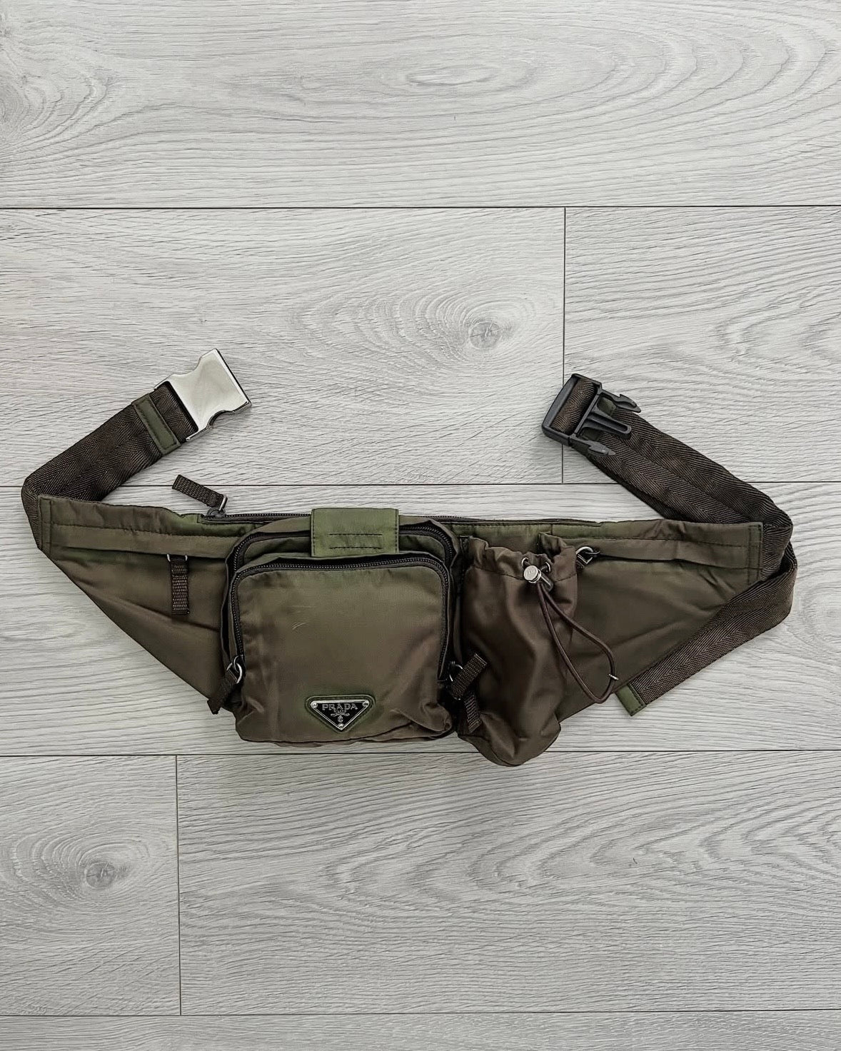 Prada Vela Nylon Metal Plaque Multi-Pocket Waist Crossbody Bag