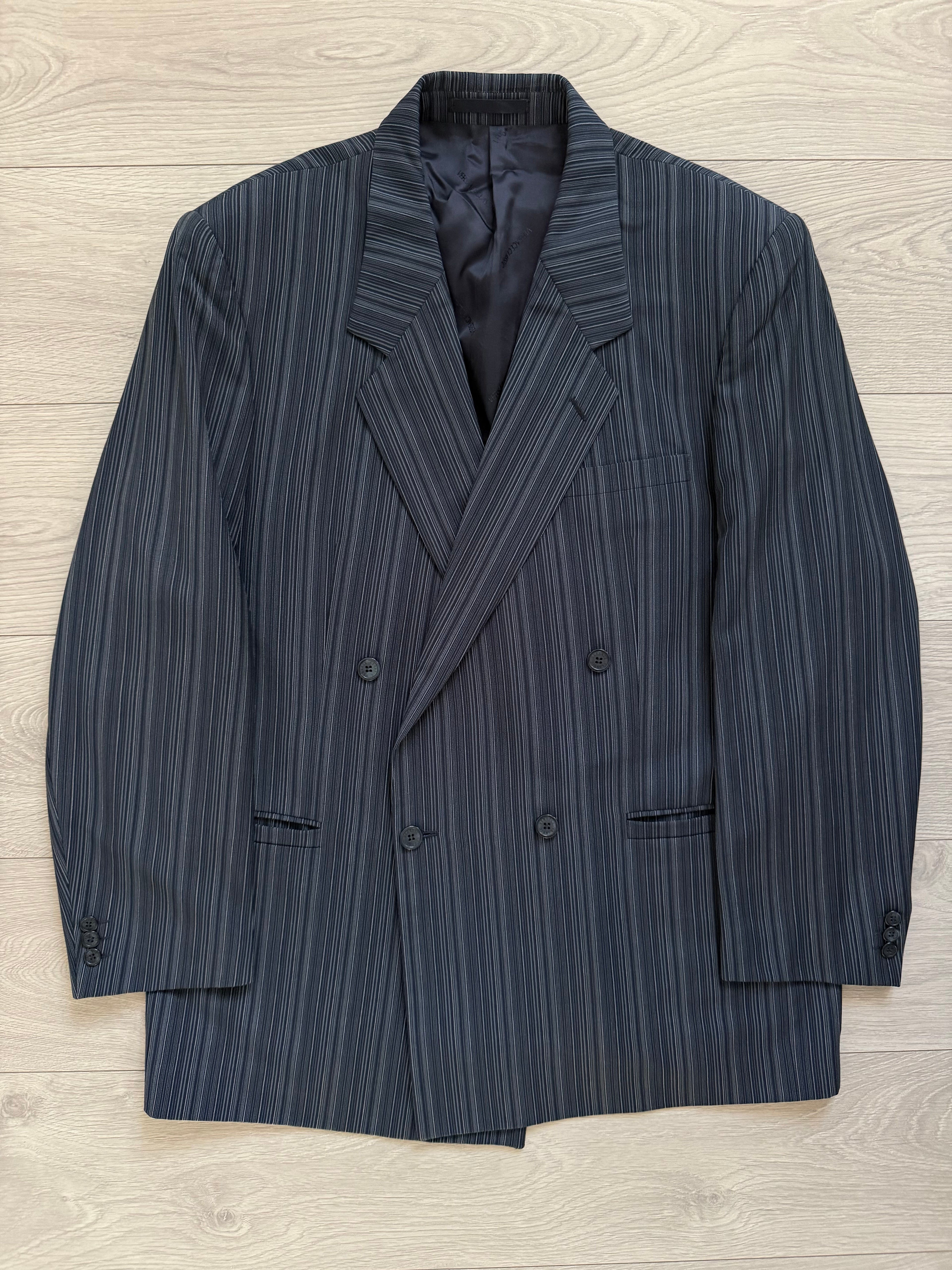 Versace 1980s Notch Lapel Double Breasted Wool Mohair Pleated Striped Suit - Size XXL Jacket / 38" Waist