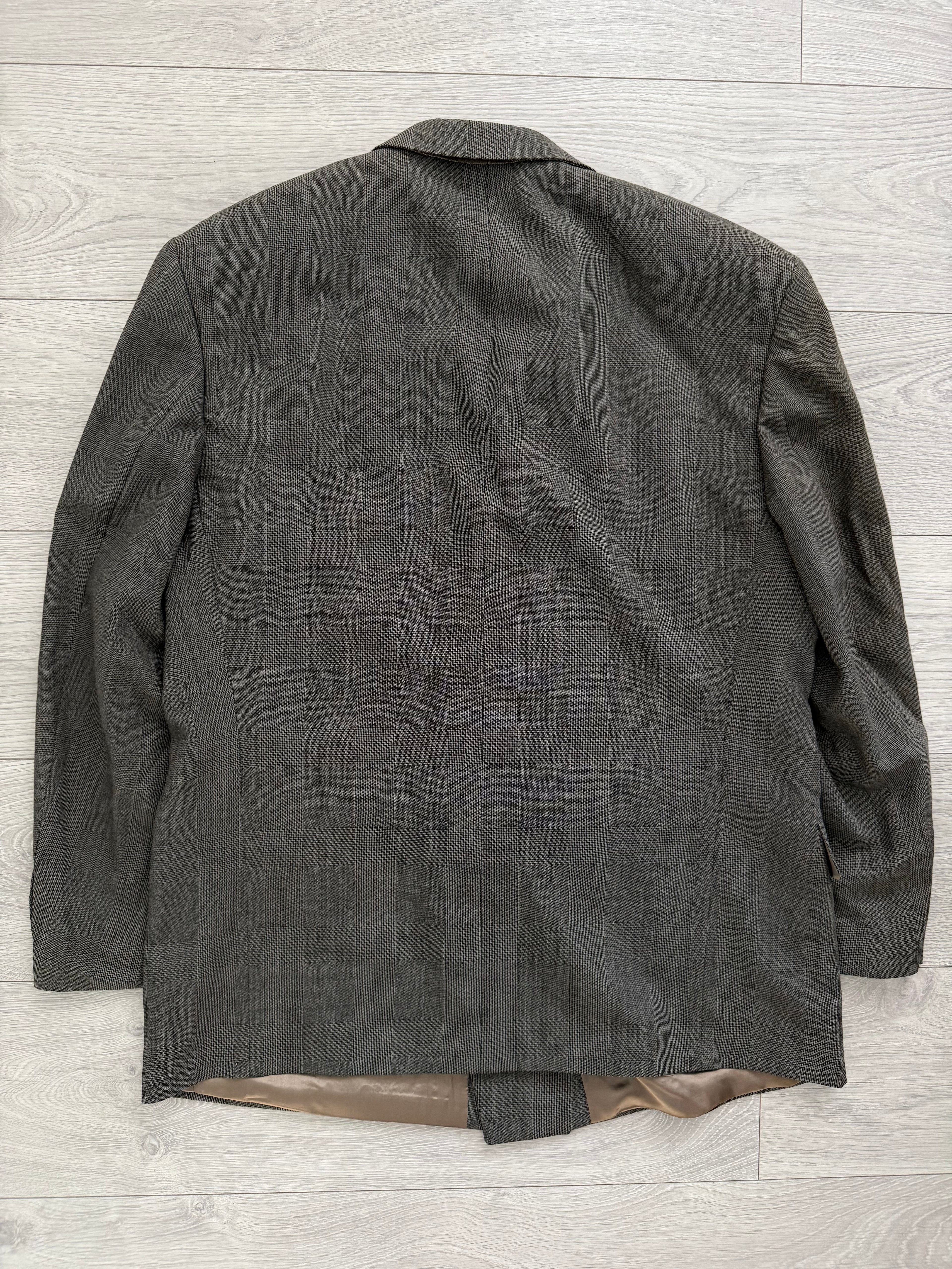 Hugo Boss 1980s 'Zeus' Peaked Lapel Double Breasted Pleated Wool Check Suit Greige - Size XL Jacket / 34" Waist
