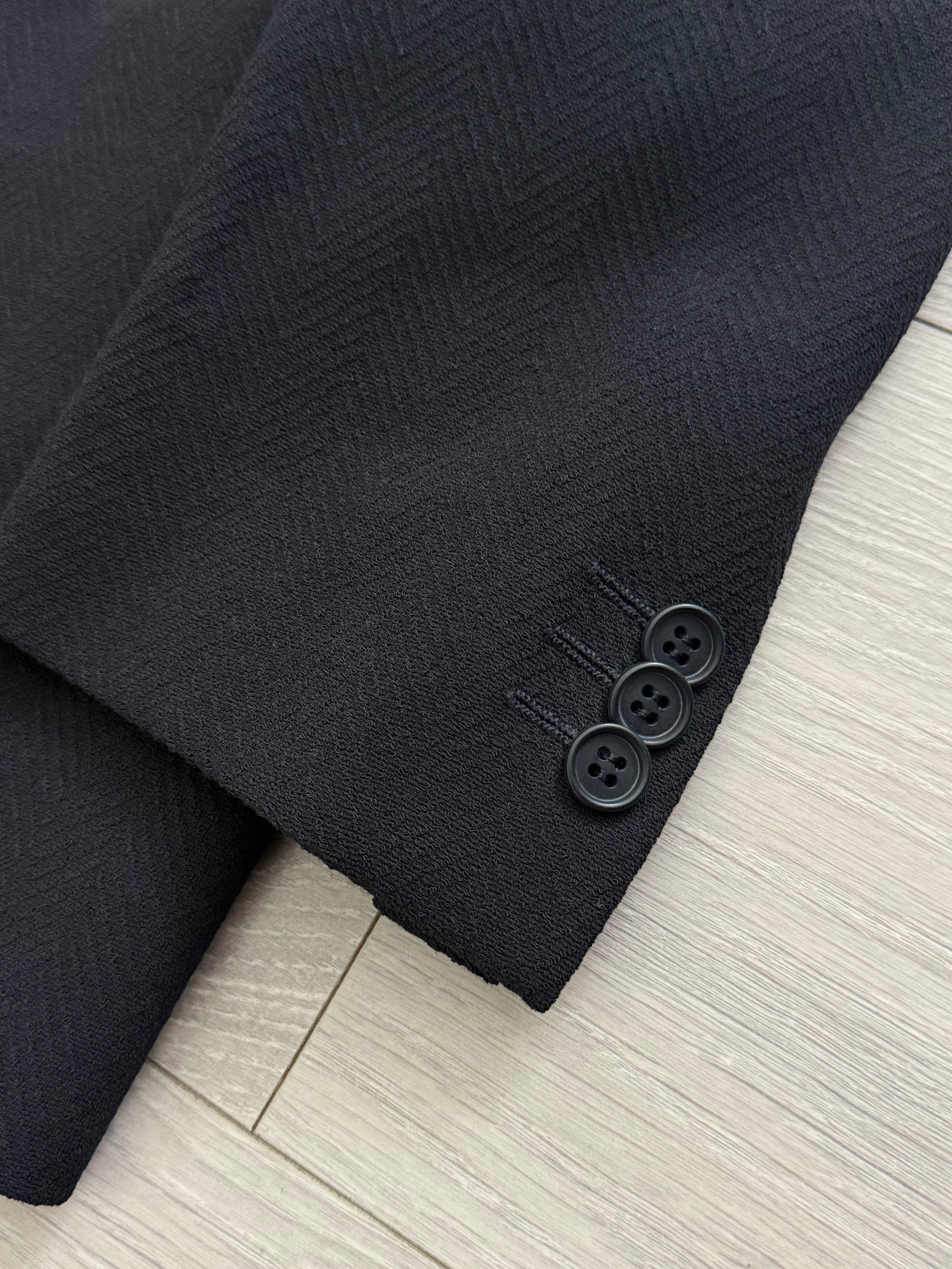 Emporio Armani 1990s 6B Peaked Lapel Double Breasted Herringbone Wool Suit Navy - Size S Jacket / 30" Waist