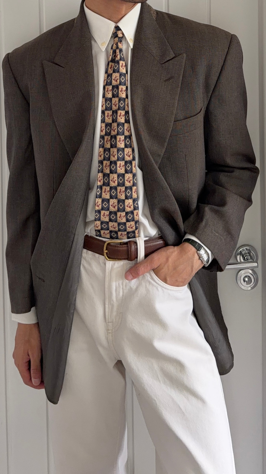 Giorgio Armani 1980s Peaked Lapel Double Breasted Wool Sport Jacket Blazer Brown - Size L