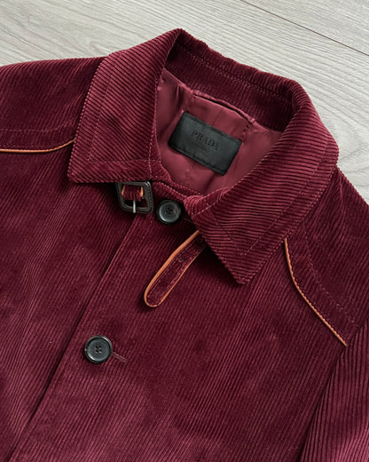 Prada FW2017 Runway Burgundy Red Western Corduroy Belted Coat - Size M