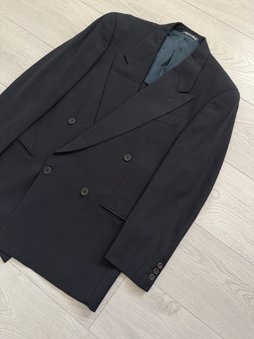 Giorgio Armani 1980s Peaked Lapel Double Breasted Wool Navy Suit - Size M Jacket / 30" Waist