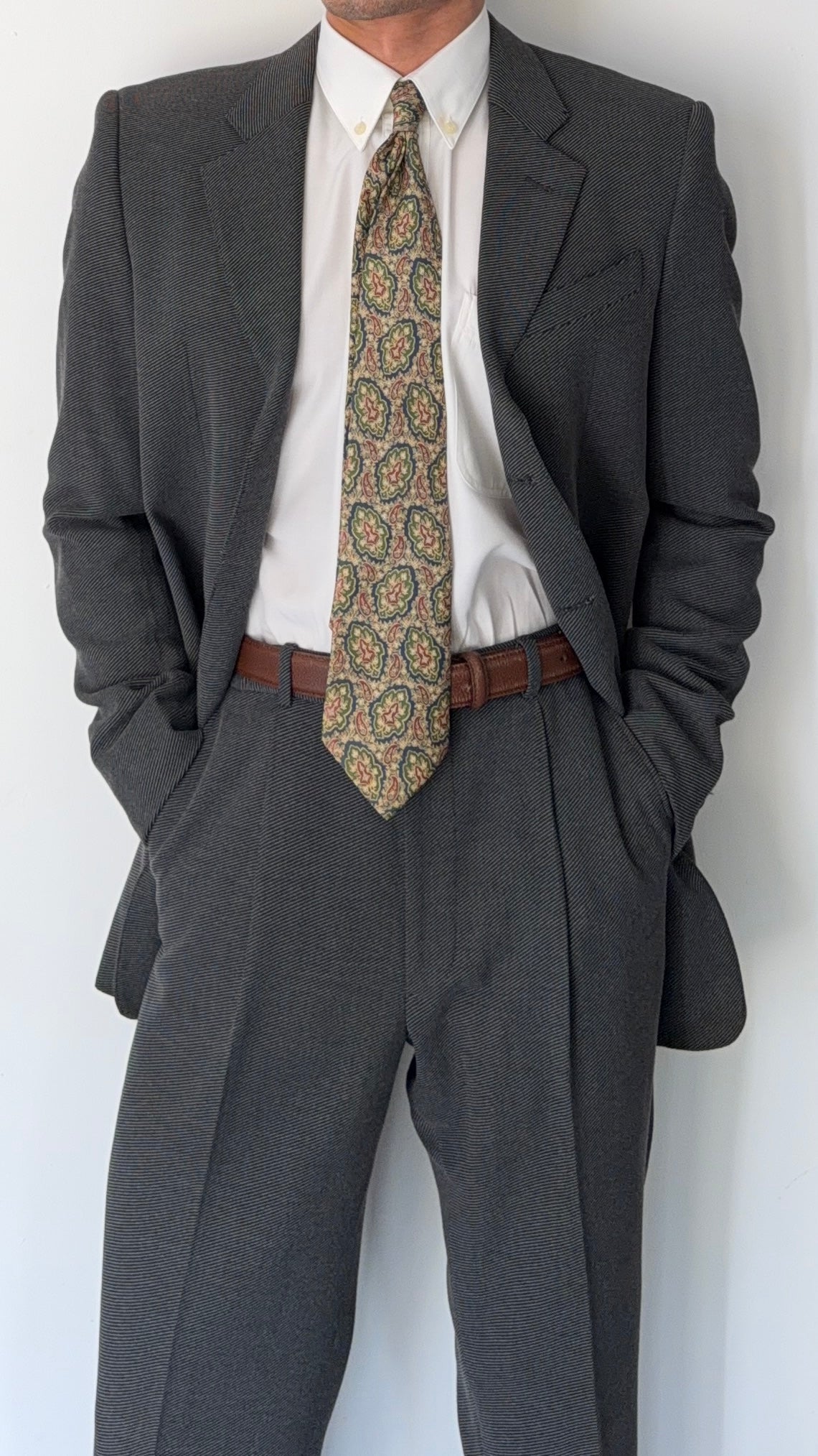 Armani 1990s 3B Twill Wool Cotton Pleated Grey Suit - Size S Jacket / 30" Waist