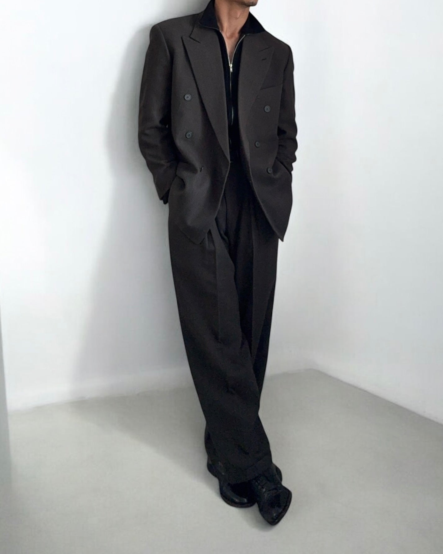 Giorgio Armani 1980s Double-Breasted Pleated Textured Wool Suit - Size L Jacket / 34" Waist
