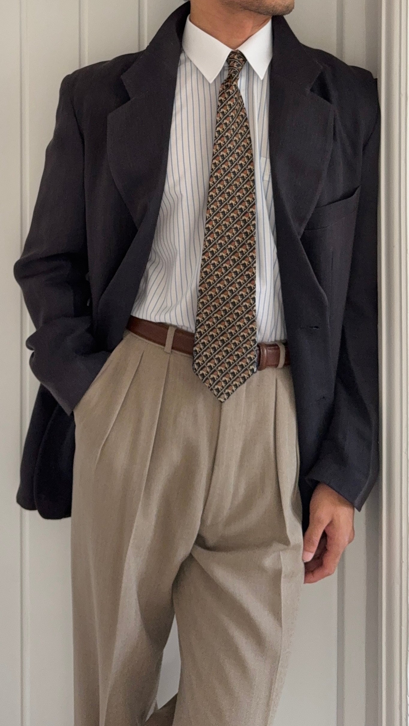Giorgio Armani 1980s 2B Wool Silk Micro-Herringbone Sport Jacket Blazer - Size L