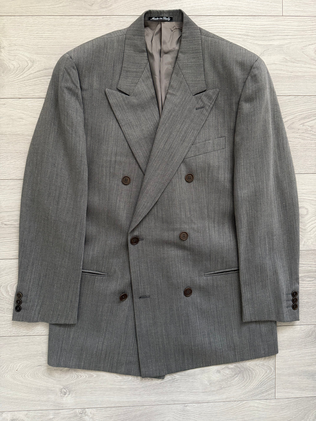 Giorgio Armani 1980s Peaked Lapel Double Breasted Herringbone Wool Grey Suit - Size M Jacket / 32" Waist