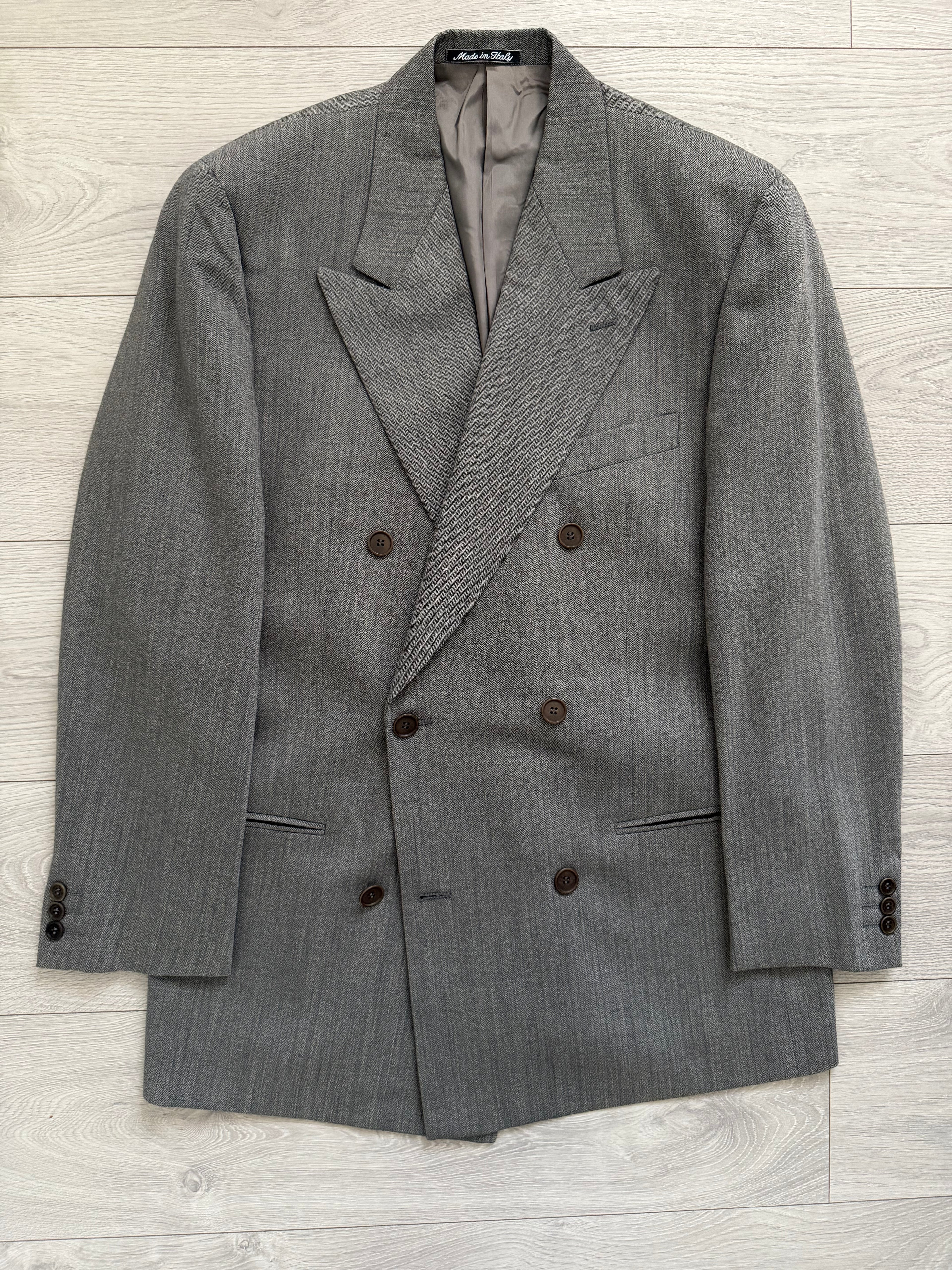 Giorgio Armani 1980s Peaked Lapel Double Breasted Herringbone Wool Grey Suit - Size M Jacket / 32" Waist