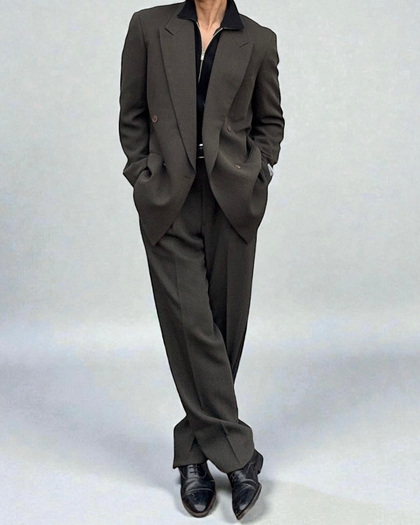 Giorgio Armani 1980s Double Breasted Pleated Wool Suit Forest Green New - Size L Jacket / 32" Waist `