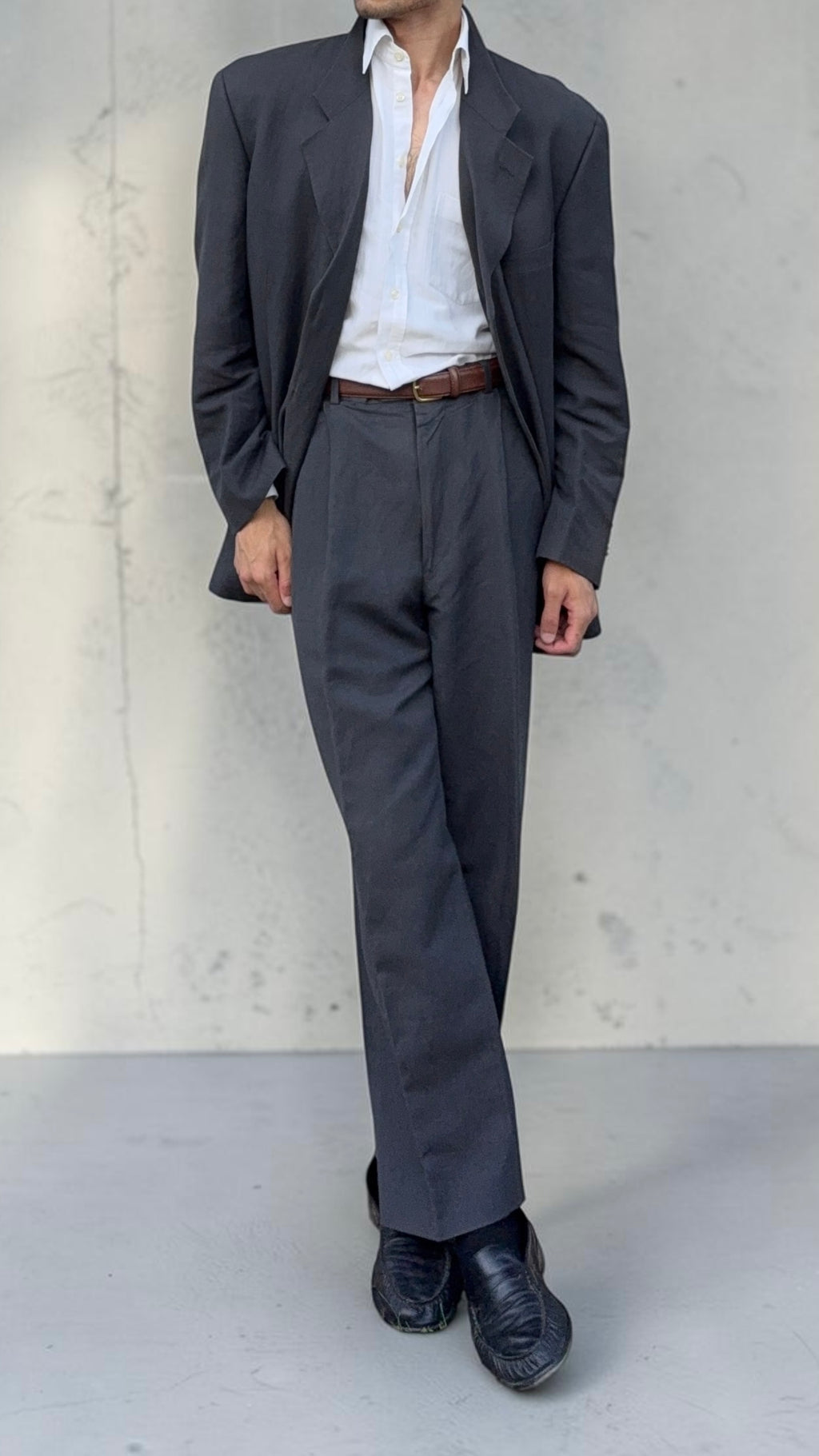 Giorgio Armani 1980s 3B Linen Blend Suit Charcoal - Size XXL Jacket / 36" Waist
