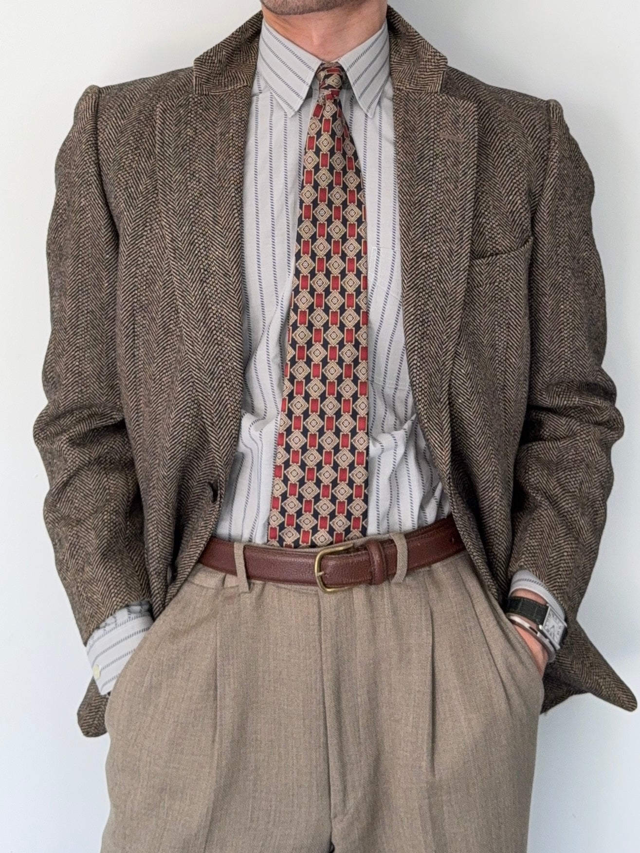 Burberry 1980s Herringbone Tweed Brown Sports Jacket Blazer - Size S