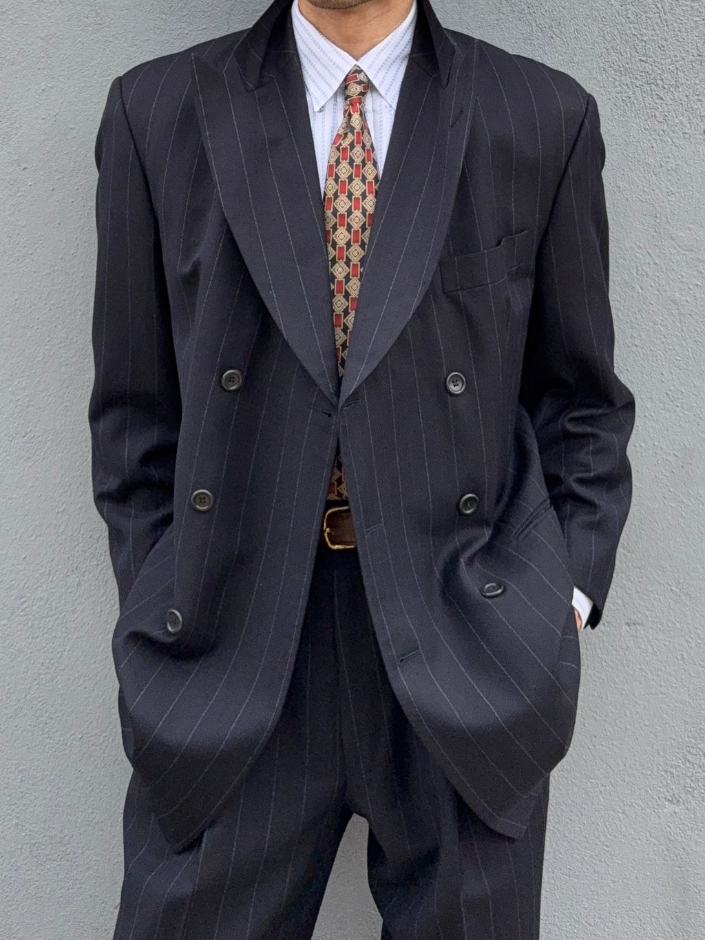 Hugo Boss 1990s 'Nostalgia' 6B Double Breasted Pleated Striped Wool Navy Suit - Size M Jacket / 32" Waist