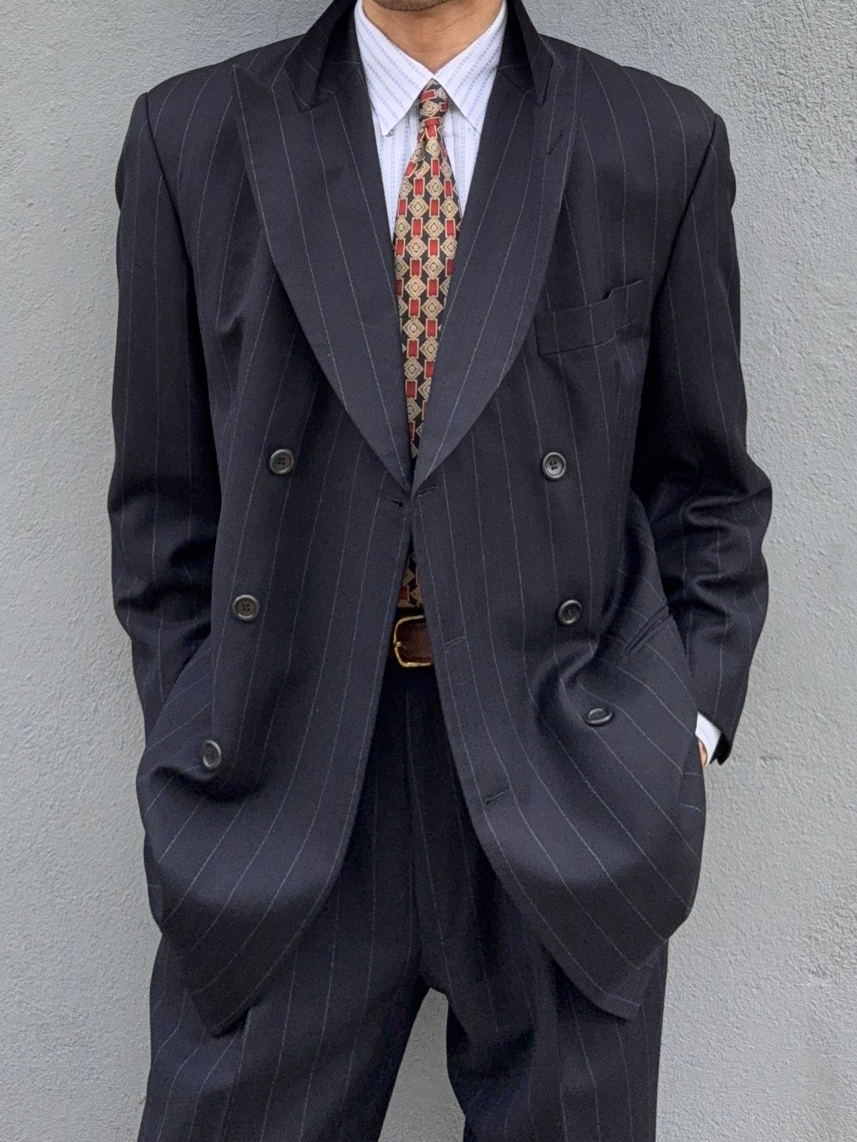 Hugo Boss 1990s 'Nostalgia' 6B Double Breasted Pleated Striped Wool Navy Suit - Size M Jacket / 32" Waist