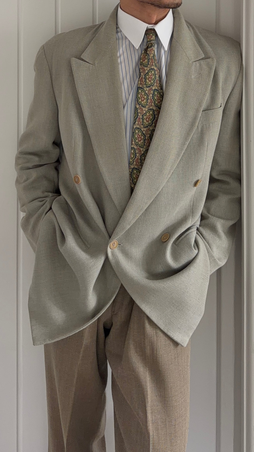 Emporio Armani 1996 Peaked Lapel Double Breasted Draped Wool Cotton Sport Jacket Blazer - Size M